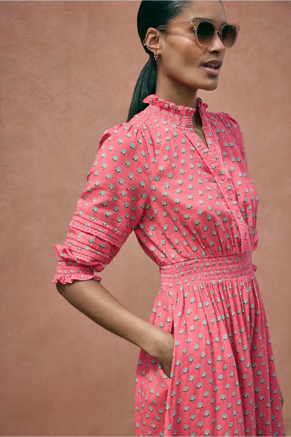 Alina Dress - Hibiscus Pink Woodblock