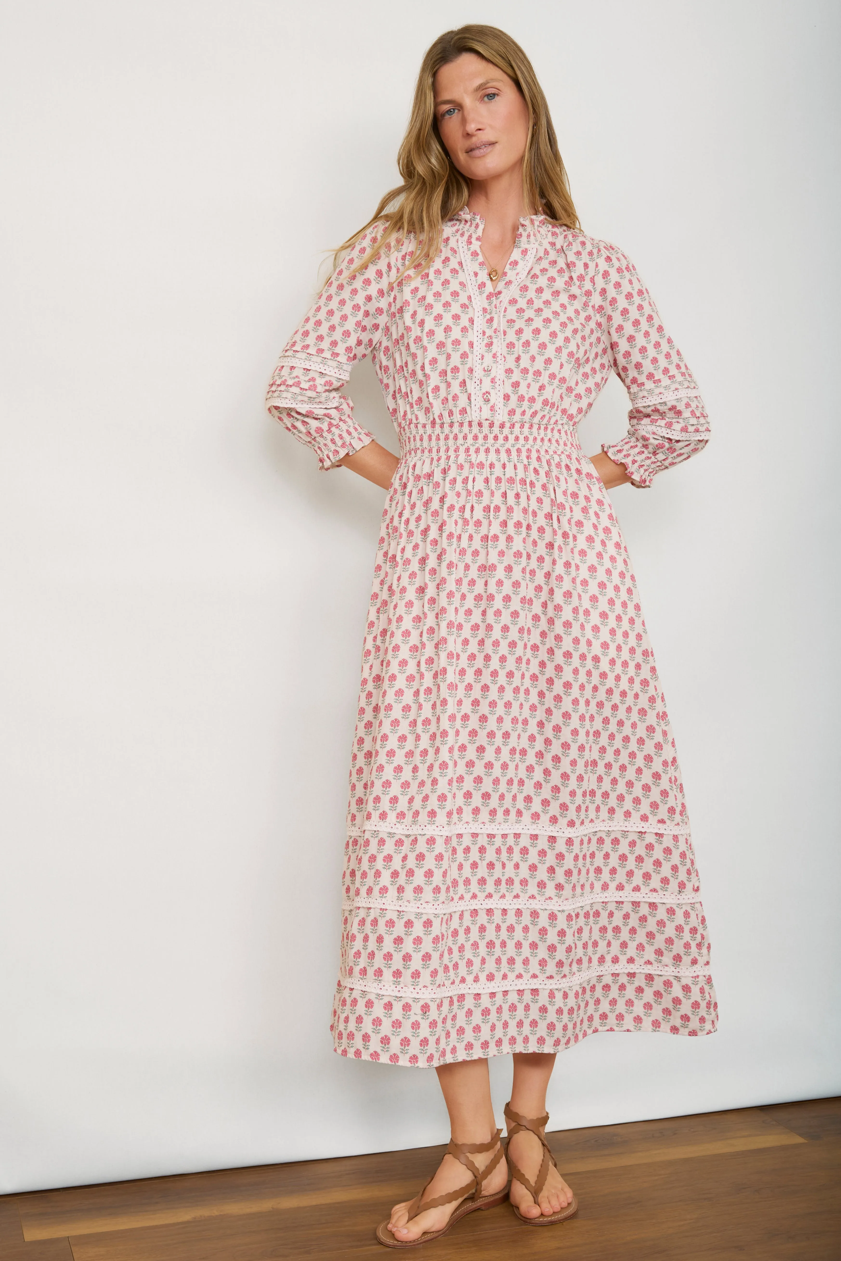 Alina Dress - Ivory/ Pink Woodblock