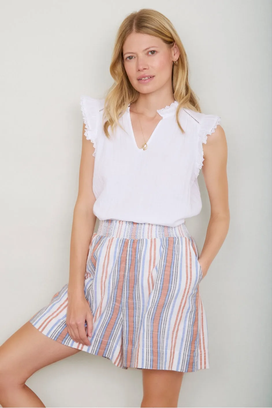 Angeline Short - Tan/Blue Stripe