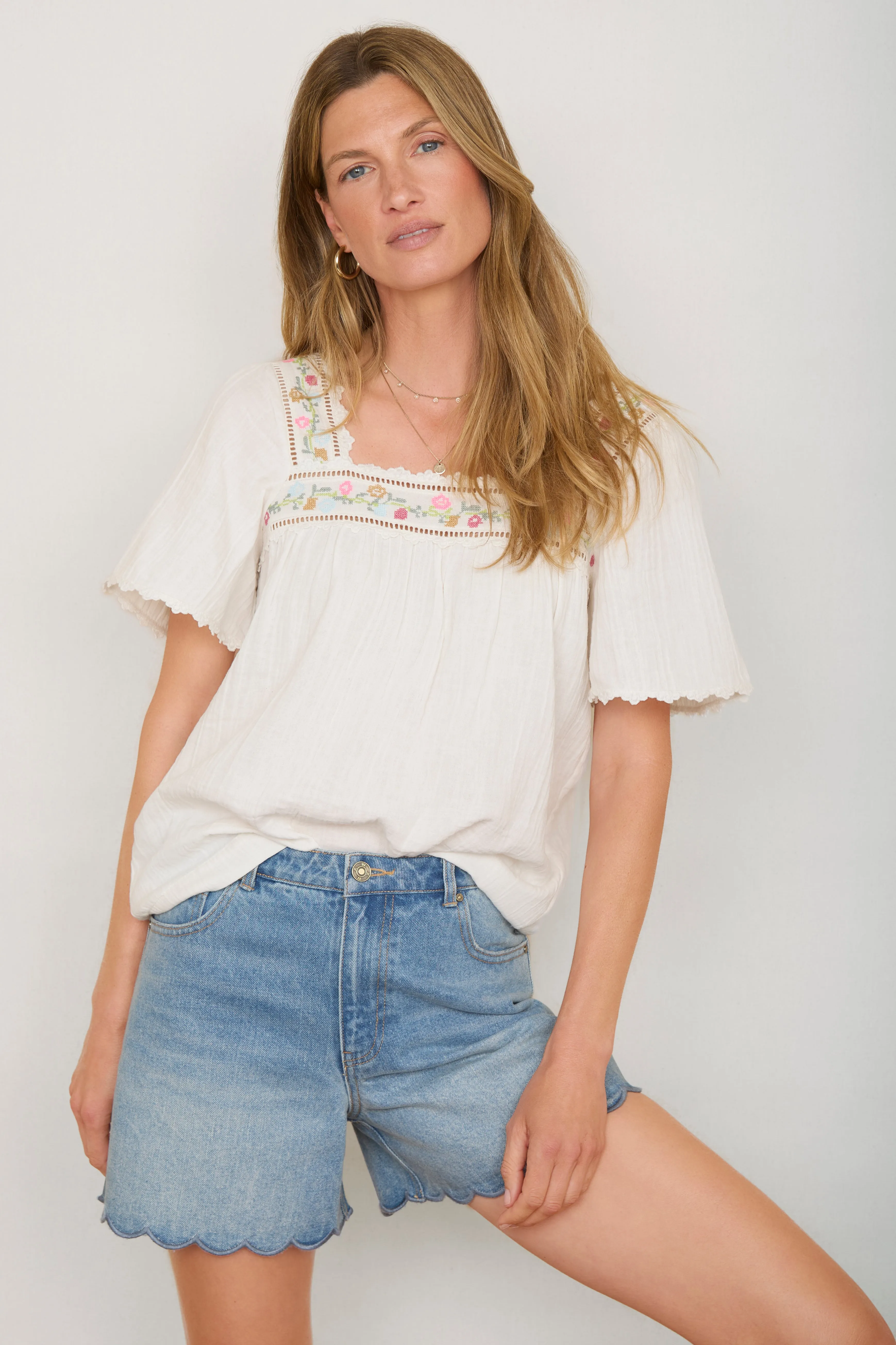Calista Embroidered Top - Ivory