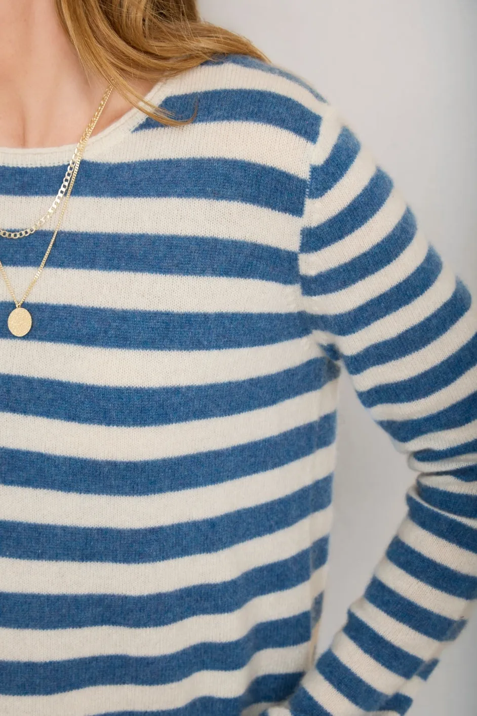 Chrissie Cashmere Jumper - Denim Blue/Ivory Stripe