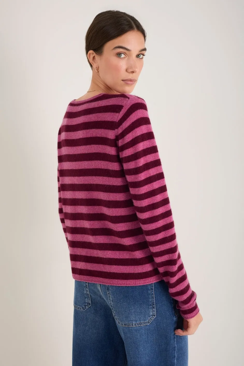 Chrissie Cashmere Jumper - Raspberry/Deep Fig Stripe