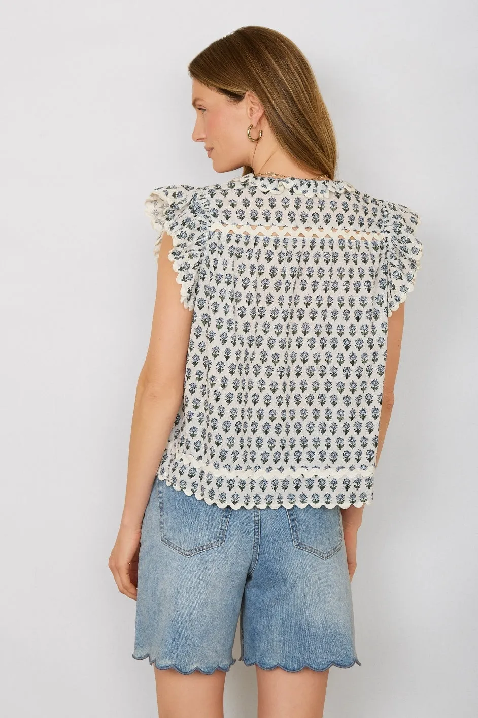 Daisy Frill Top - French Blue/Ivory Woodblock