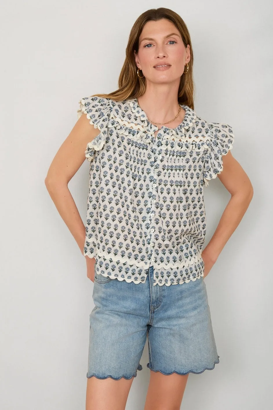 Daisy Frill Top - French Blue/Ivory Woodblock