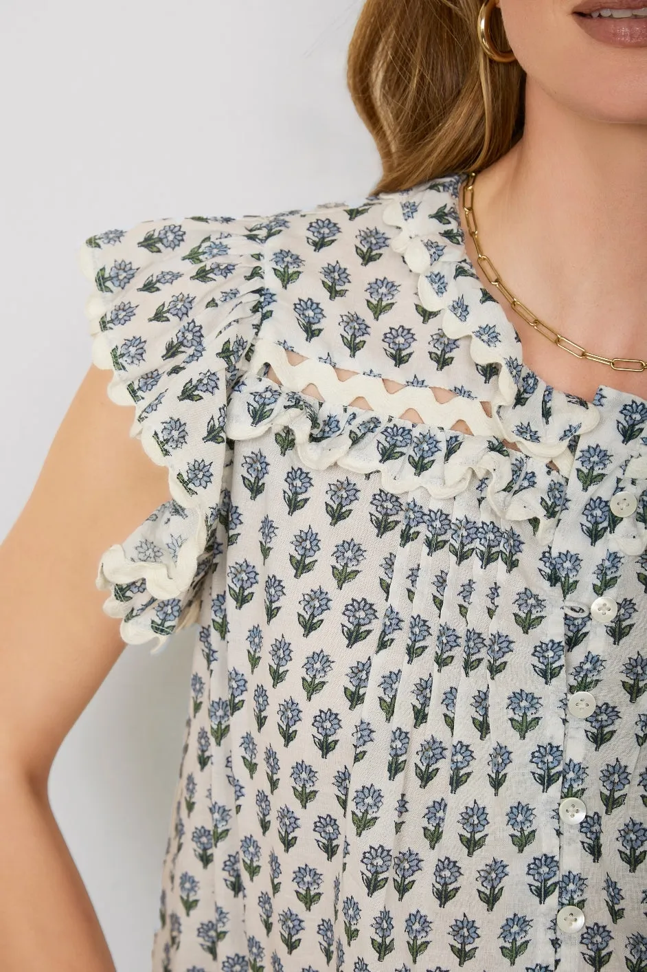 Daisy Frill Top - French Blue/Ivory Woodblock