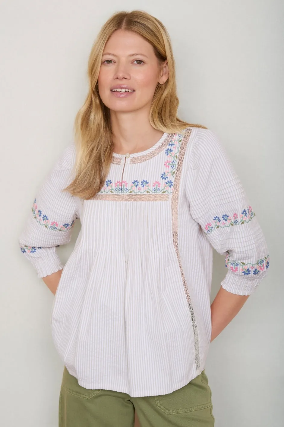 Deandra Embroidered Blouse - Green Stripe