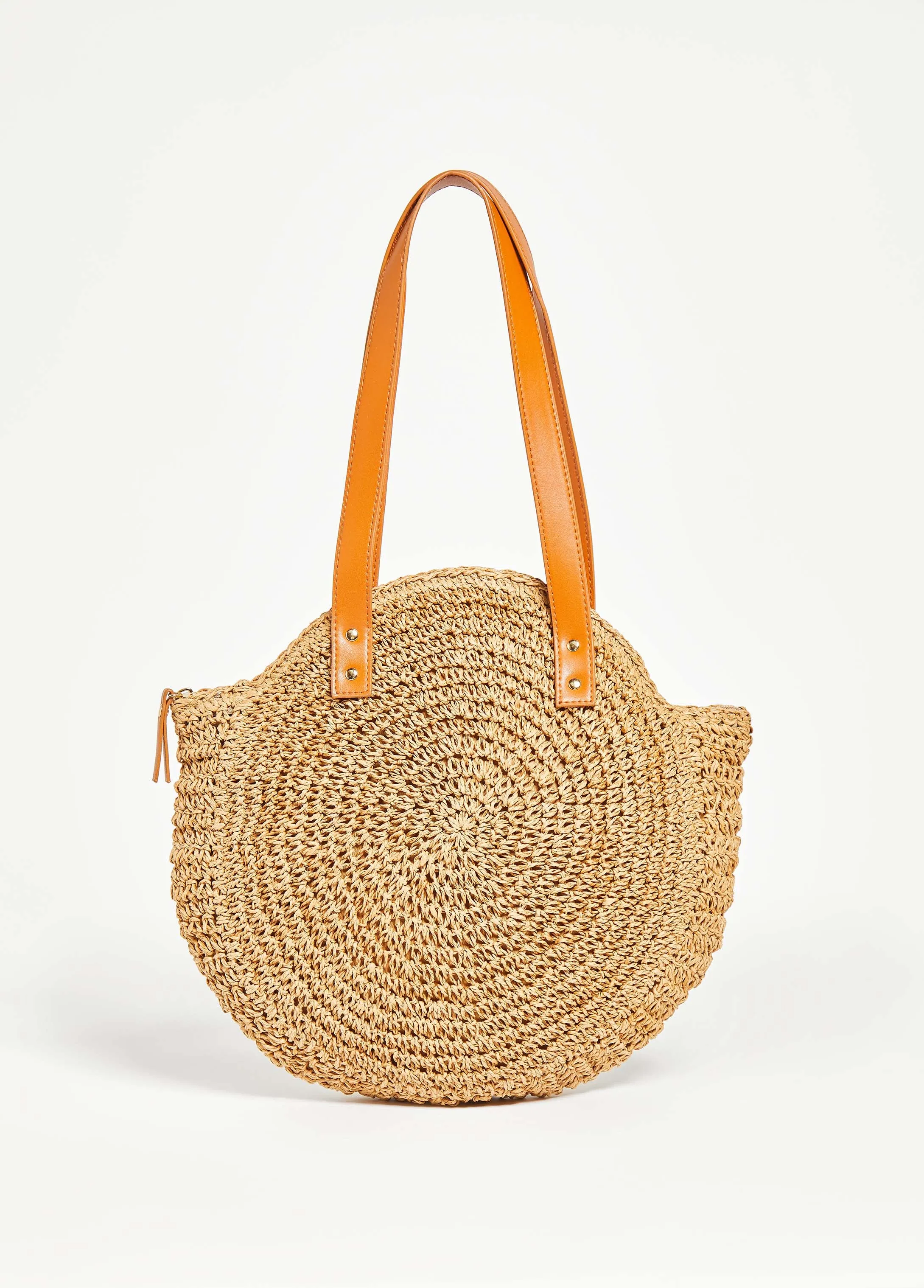 Faux Leather Trimmed Straw Bag
