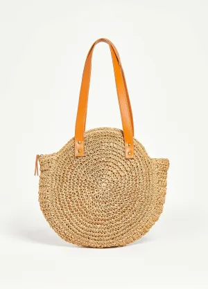 Faux Leather Trimmed Straw Bag