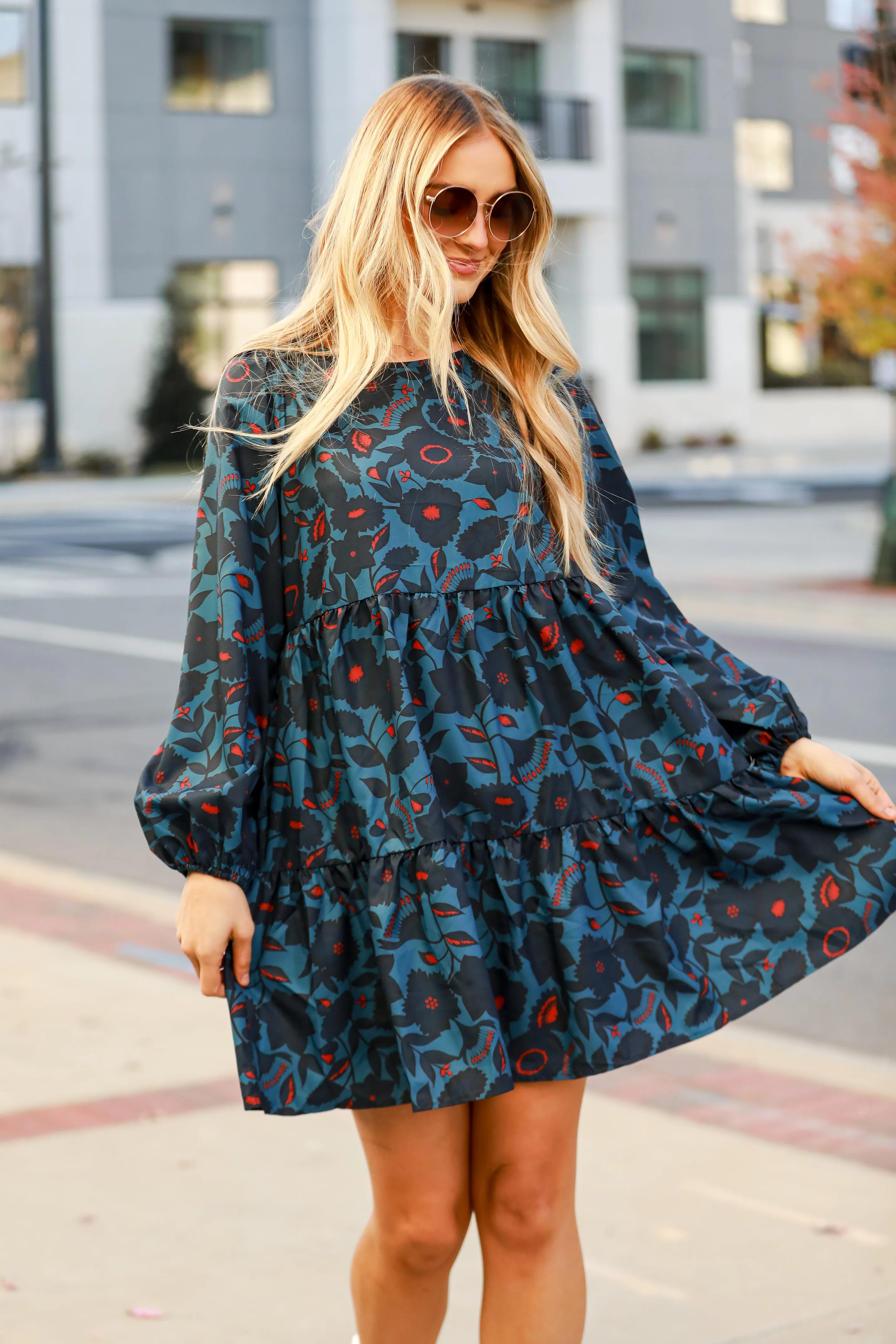 FINAL SALE - Adorable Status Teal Floral Mini Dress