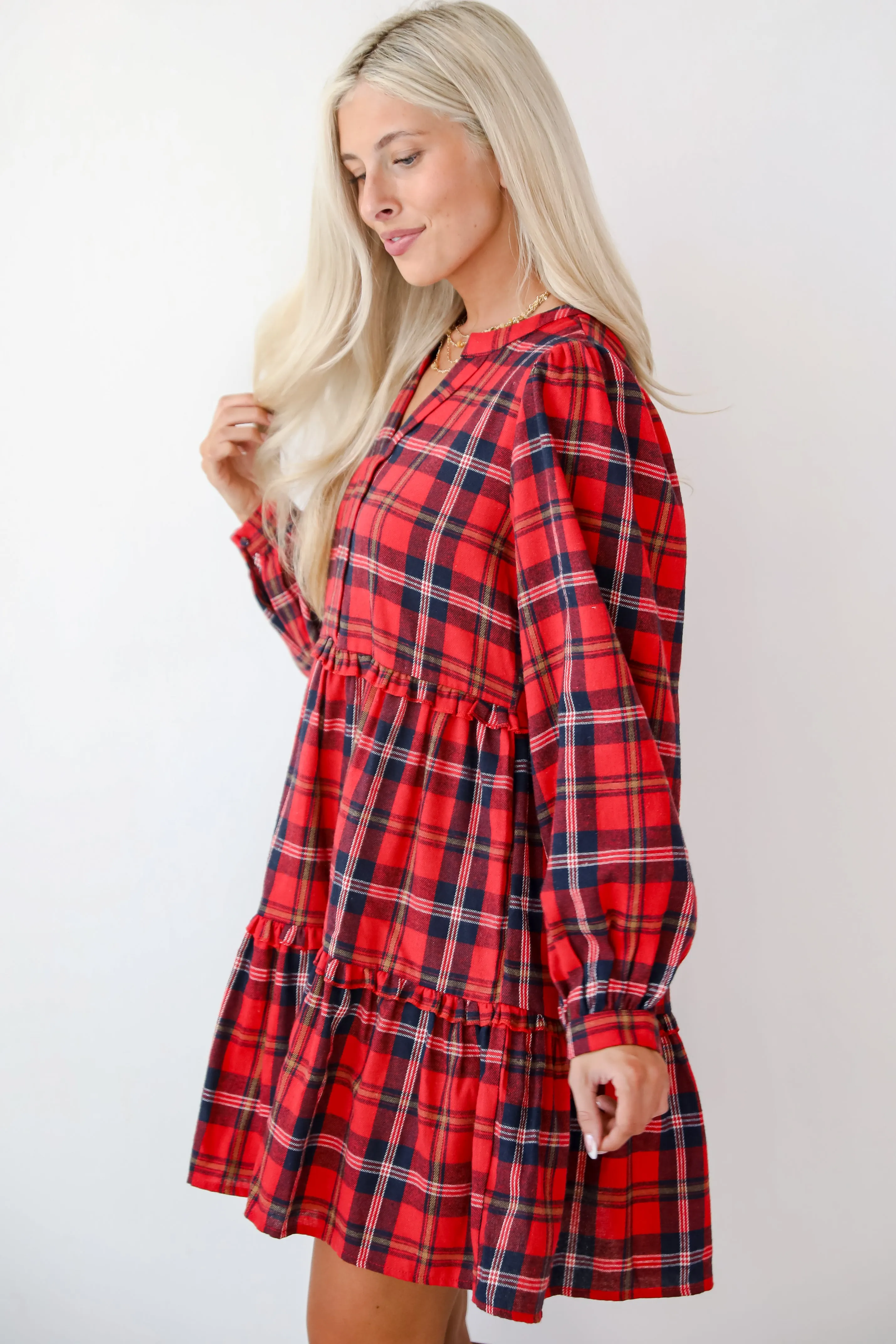 FINAL SALE - Adorably Demure Red Plaid Tiered Mini Dress