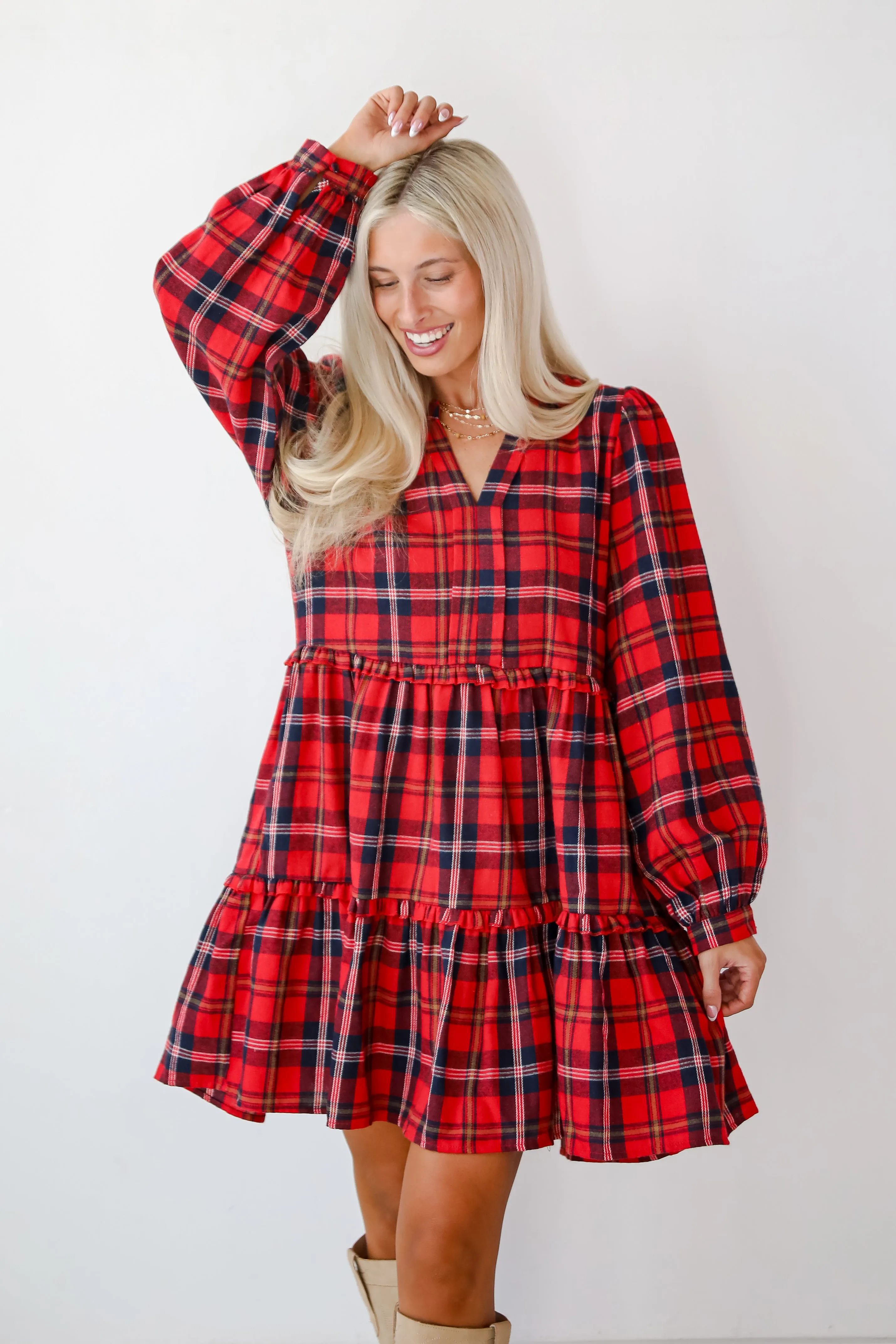FINAL SALE - Adorably Demure Red Plaid Tiered Mini Dress