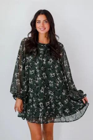 FINAL SALE - Adorably Flirty Hunter Green Floral Mini Dress