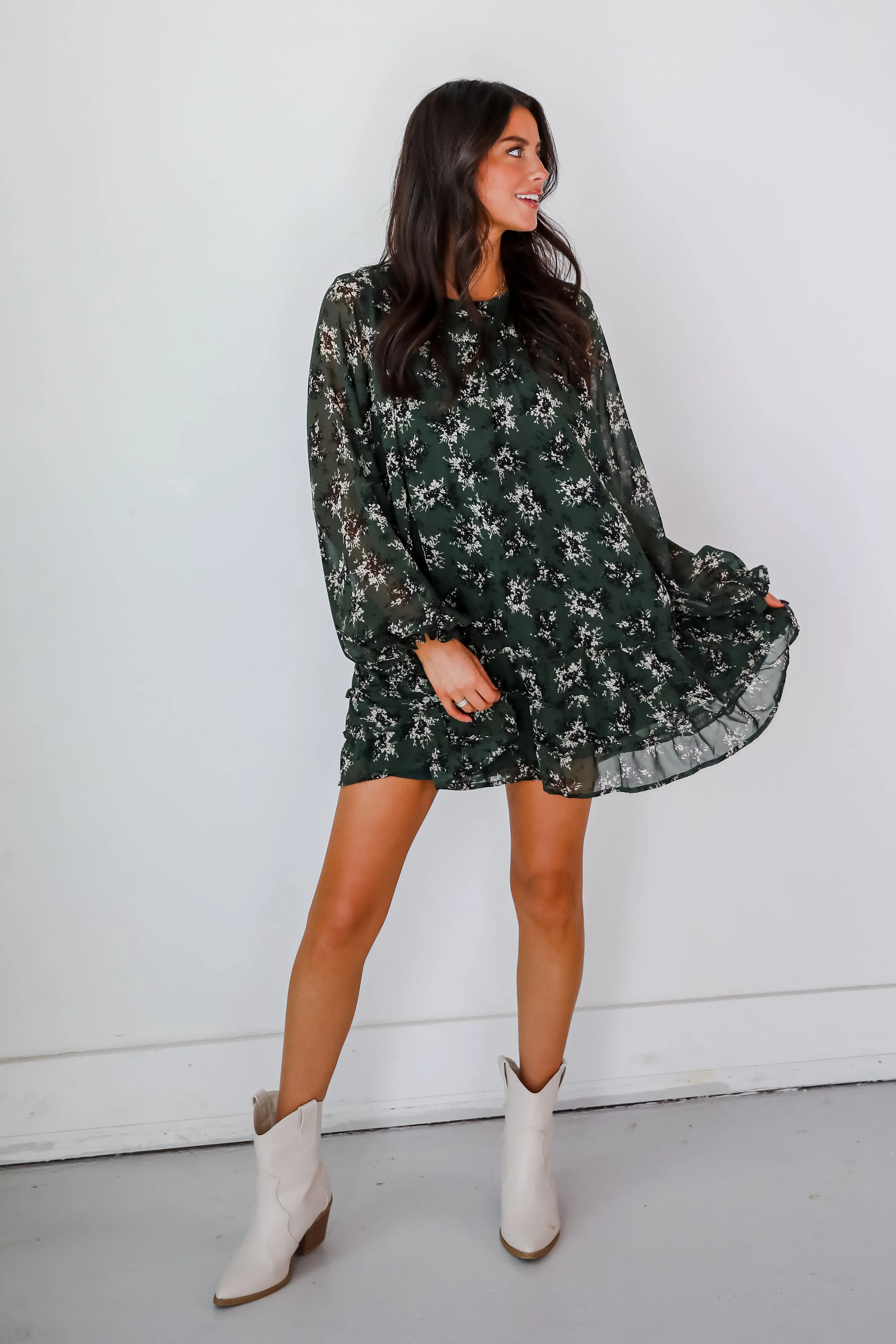 FINAL SALE - Adorably Flirty Hunter Green Floral Mini Dress
