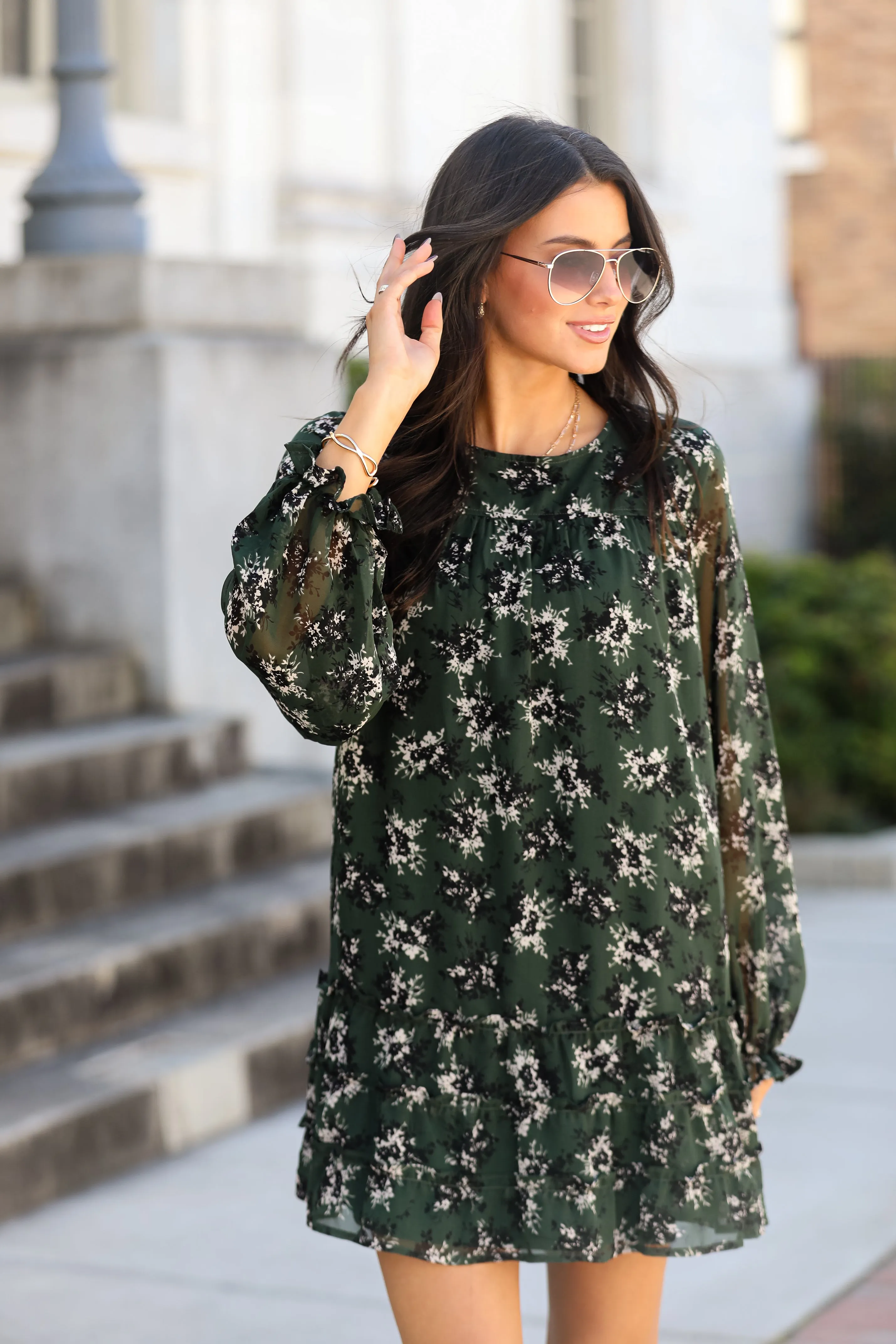 FINAL SALE - Adorably Flirty Hunter Green Floral Mini Dress