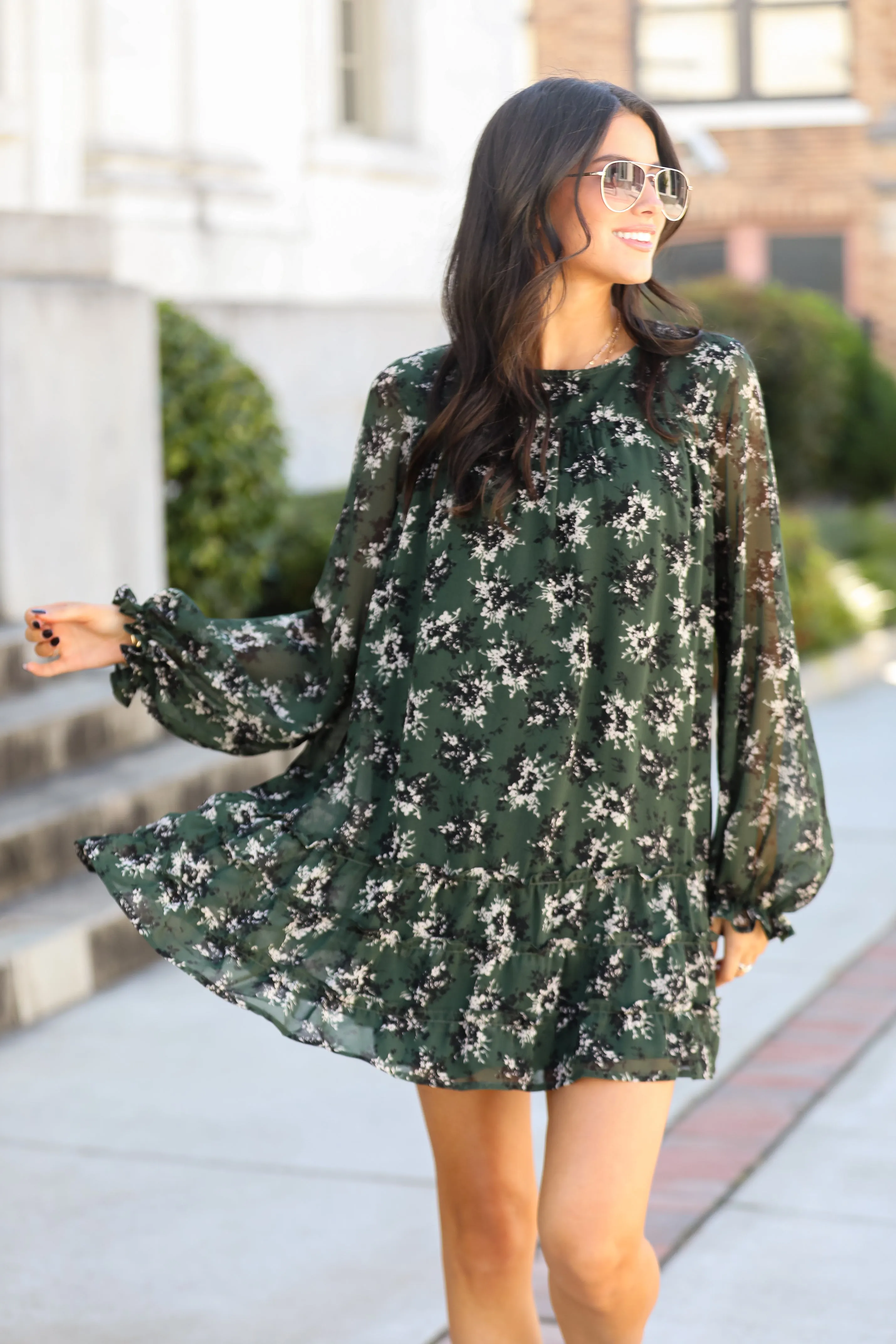 FINAL SALE - Adorably Flirty Hunter Green Floral Mini Dress