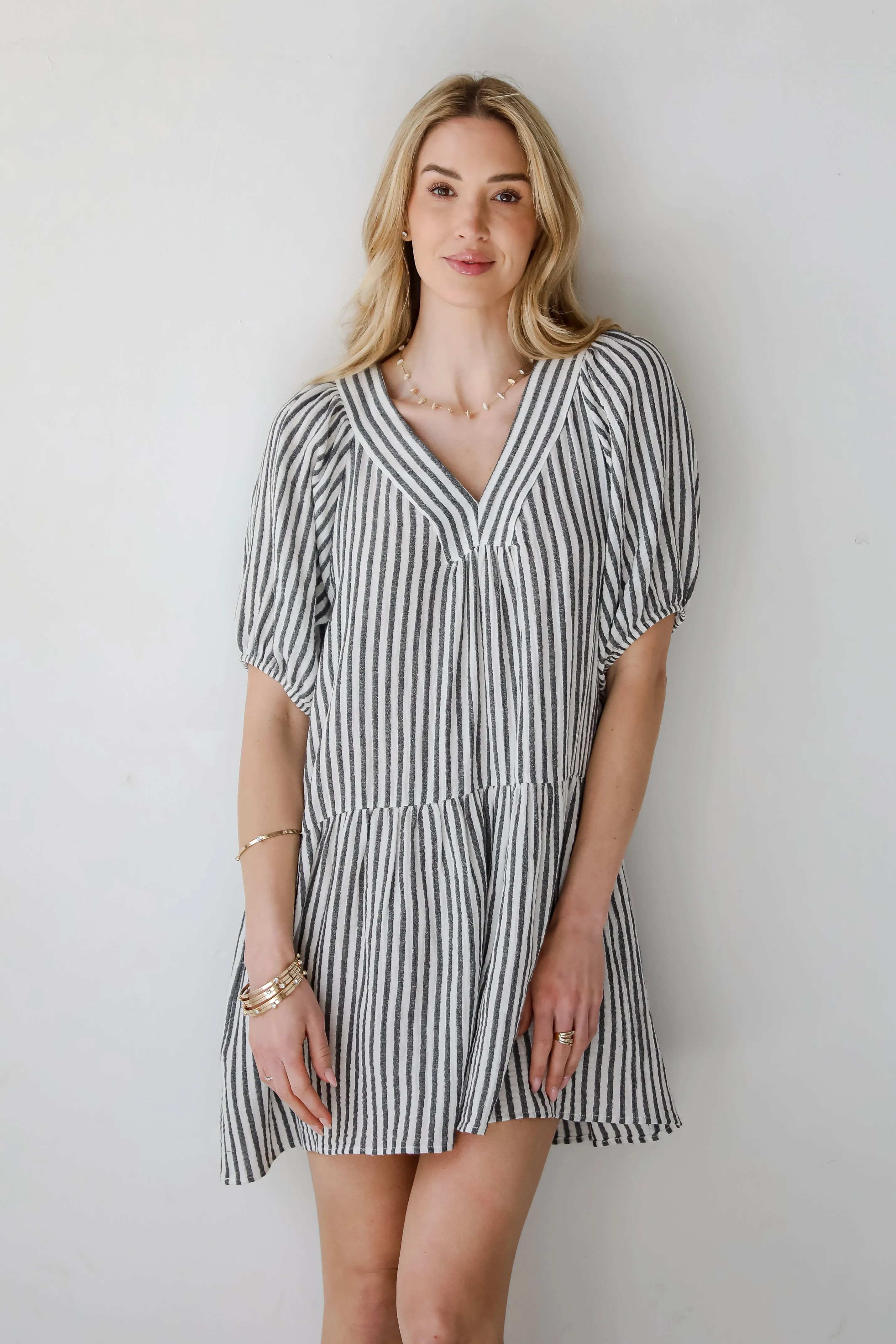 FINAL SALE - Covetable Vibe Charcoal Striped Linen Mini Dress