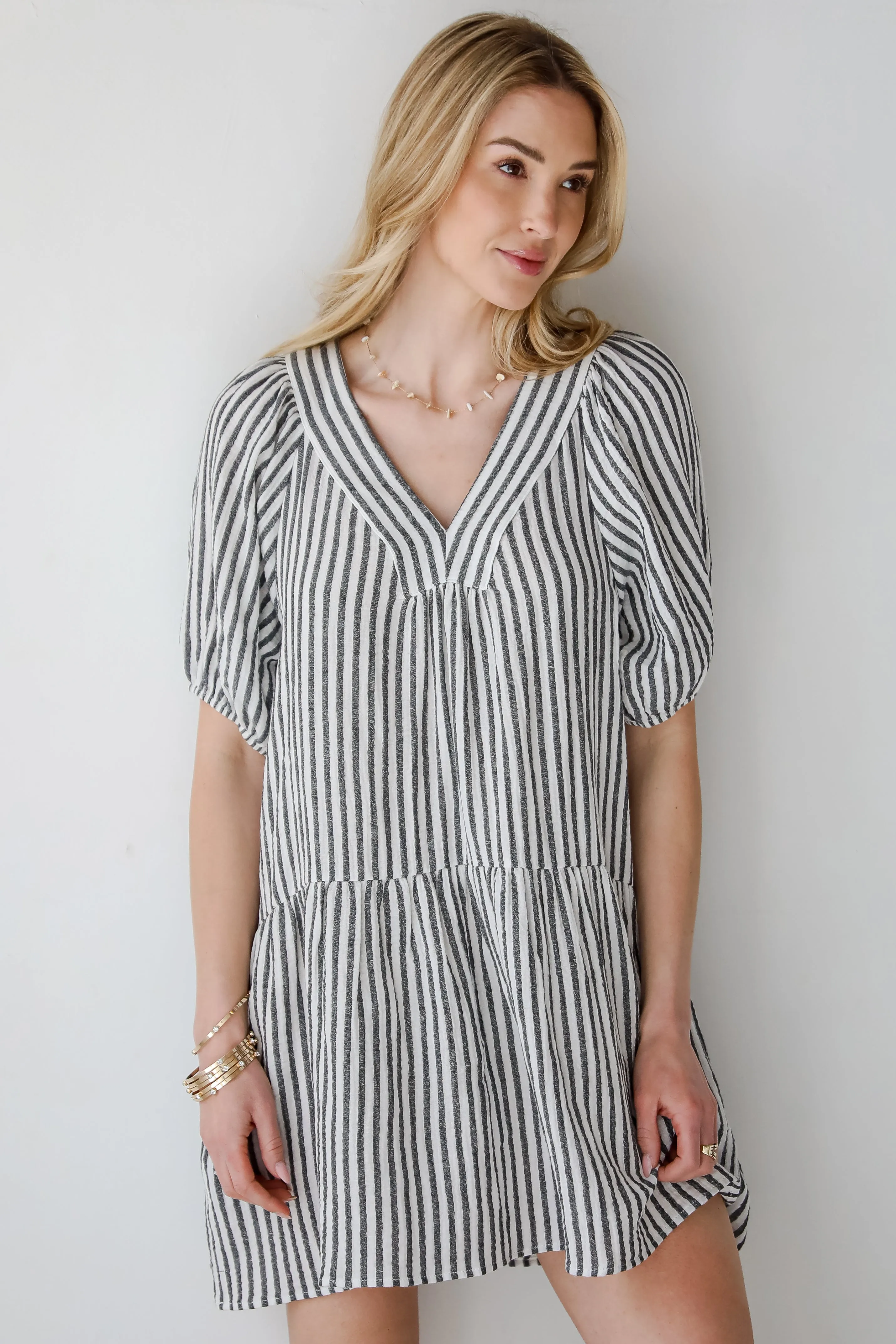 FINAL SALE - Covetable Vibe Charcoal Striped Linen Mini Dress