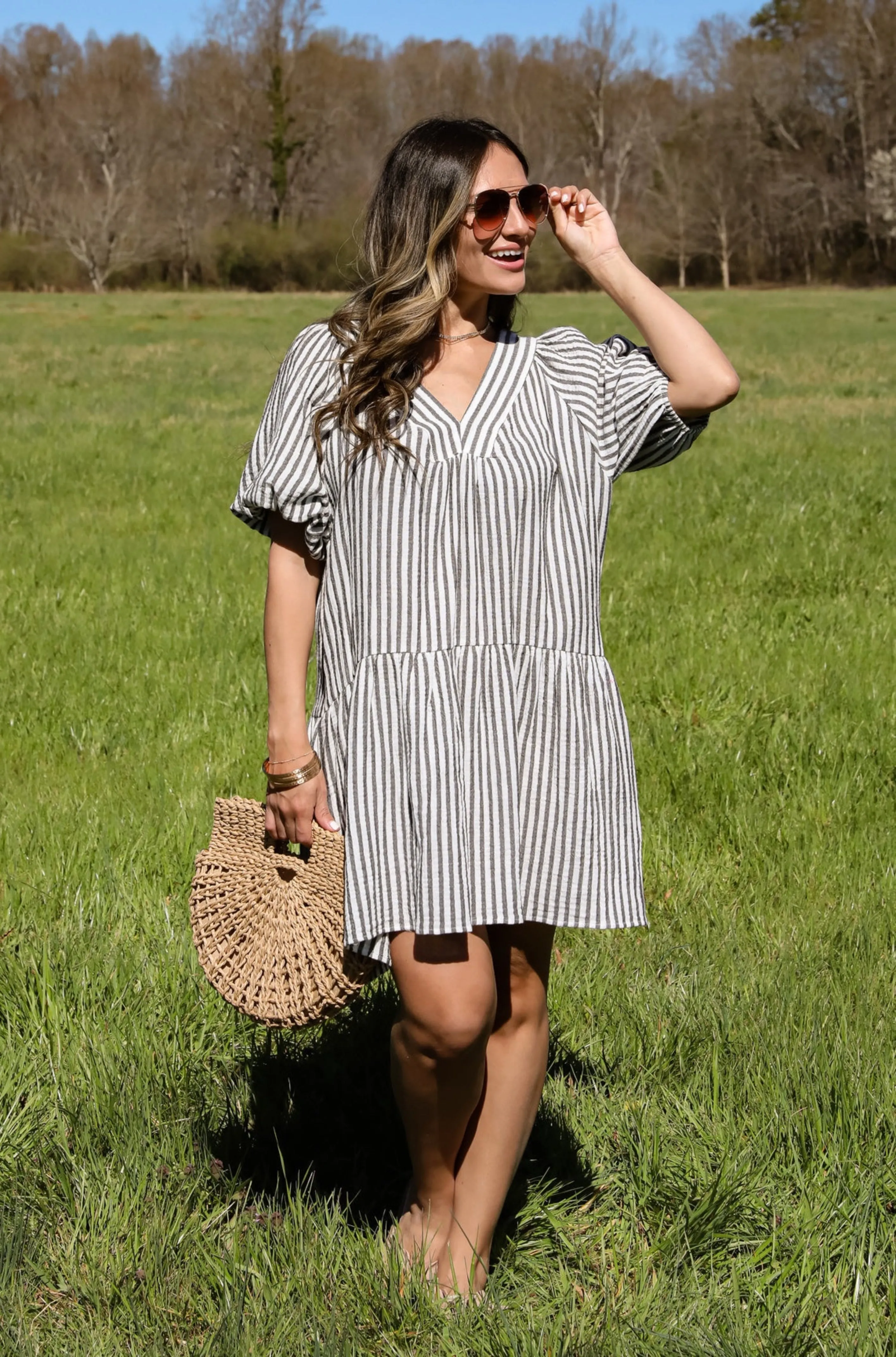 FINAL SALE - Covetable Vibe Charcoal Striped Linen Mini Dress