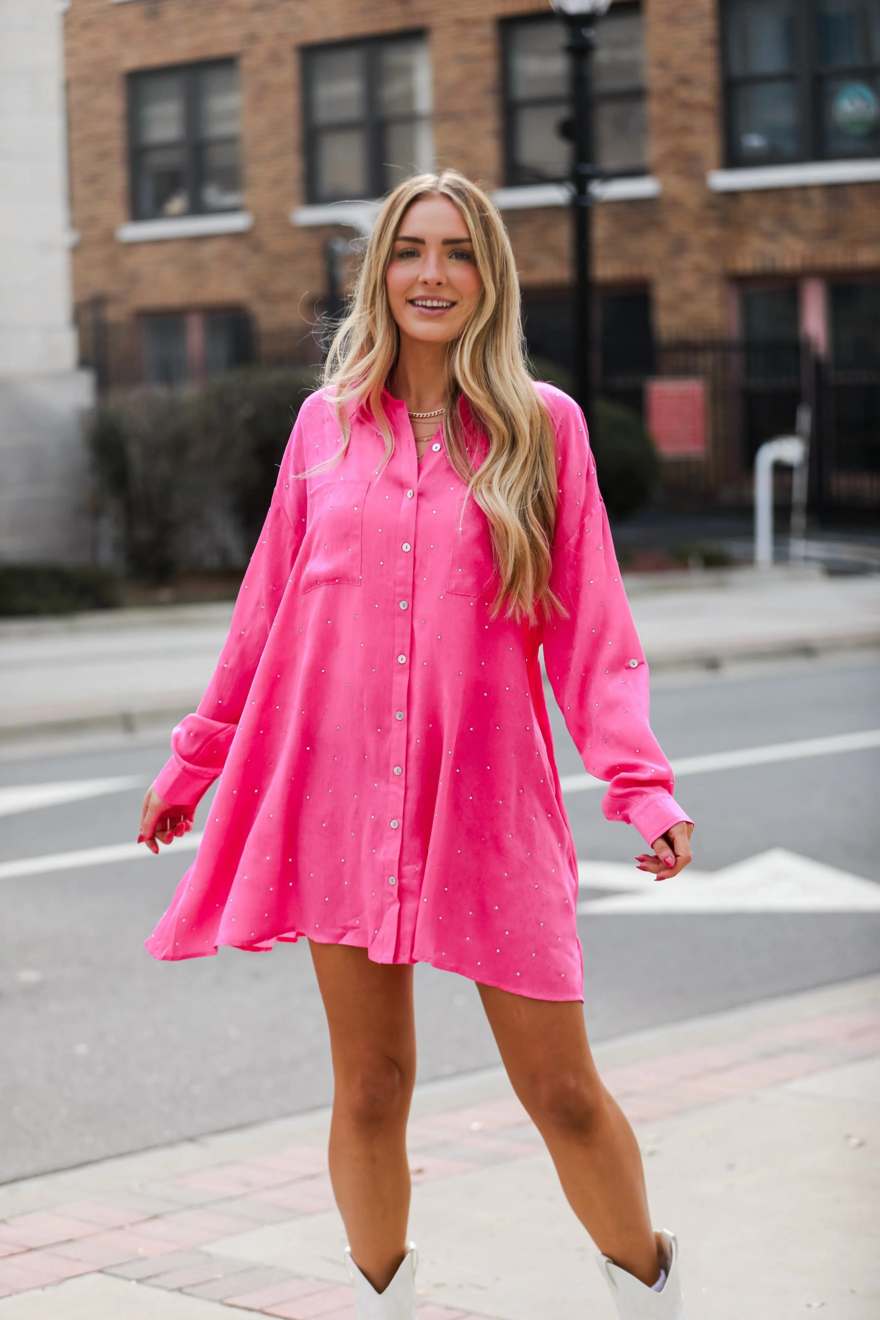 FINAL SALE - Dazzling Spectacle Fuchsia Satin Rhinestone Mini Dress