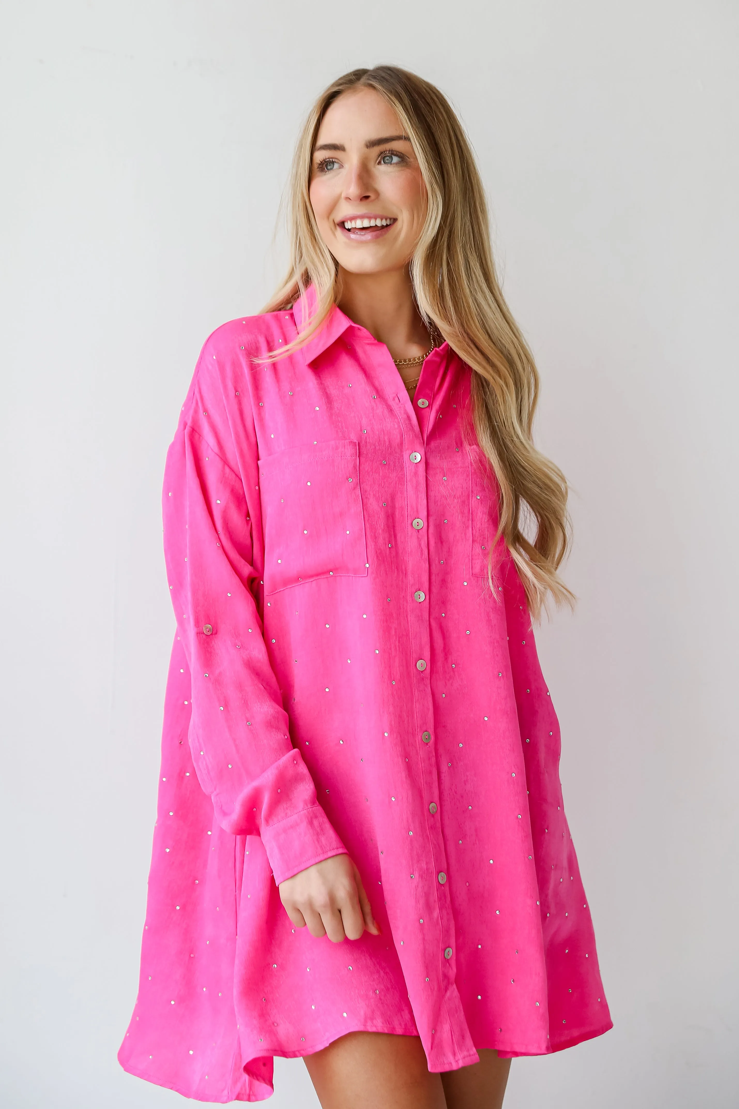 FINAL SALE - Dazzling Spectacle Fuchsia Satin Rhinestone Mini Dress