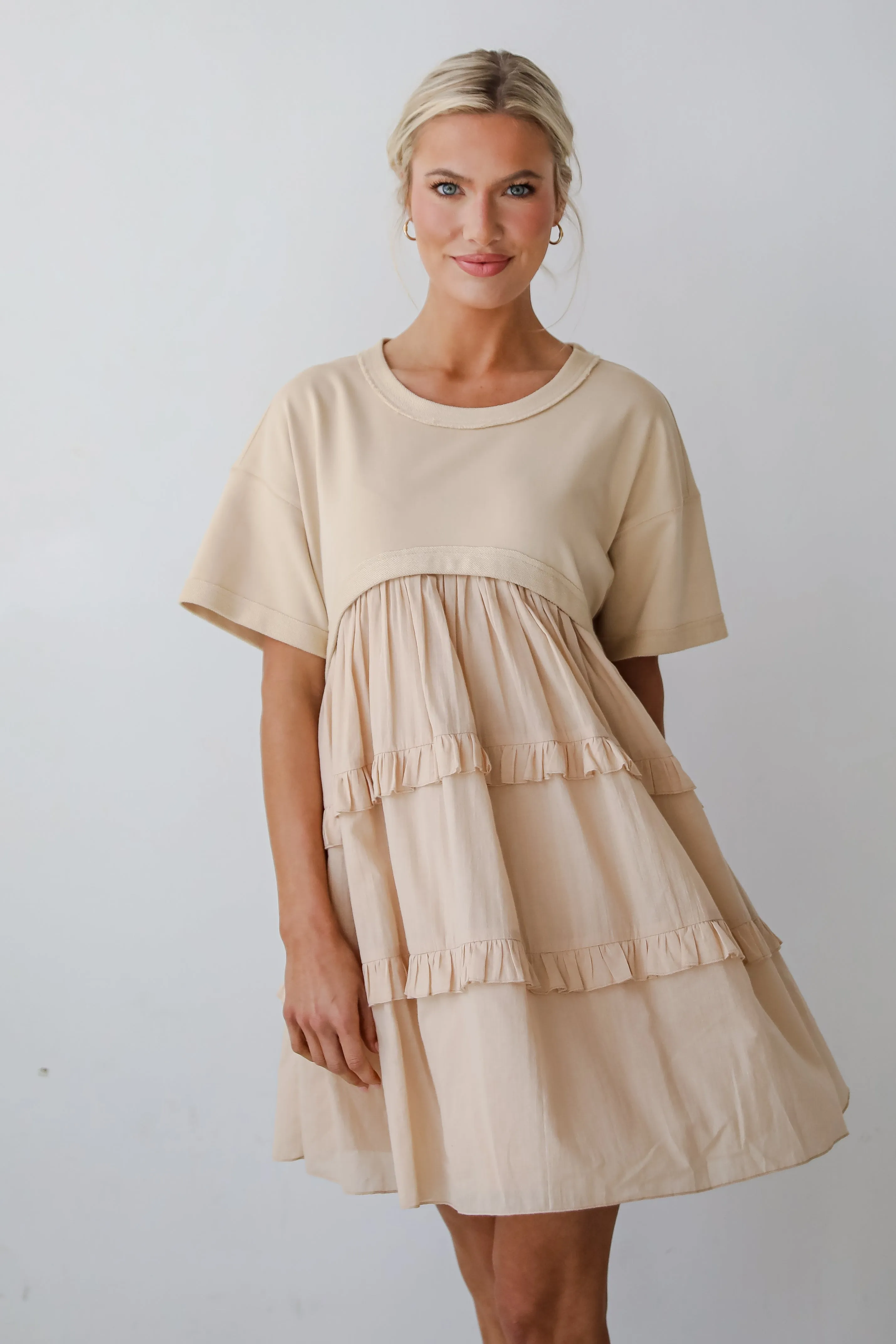 FINAL SALE - Make A Day Of It Taupe Contrast Ruffle Mini Dress