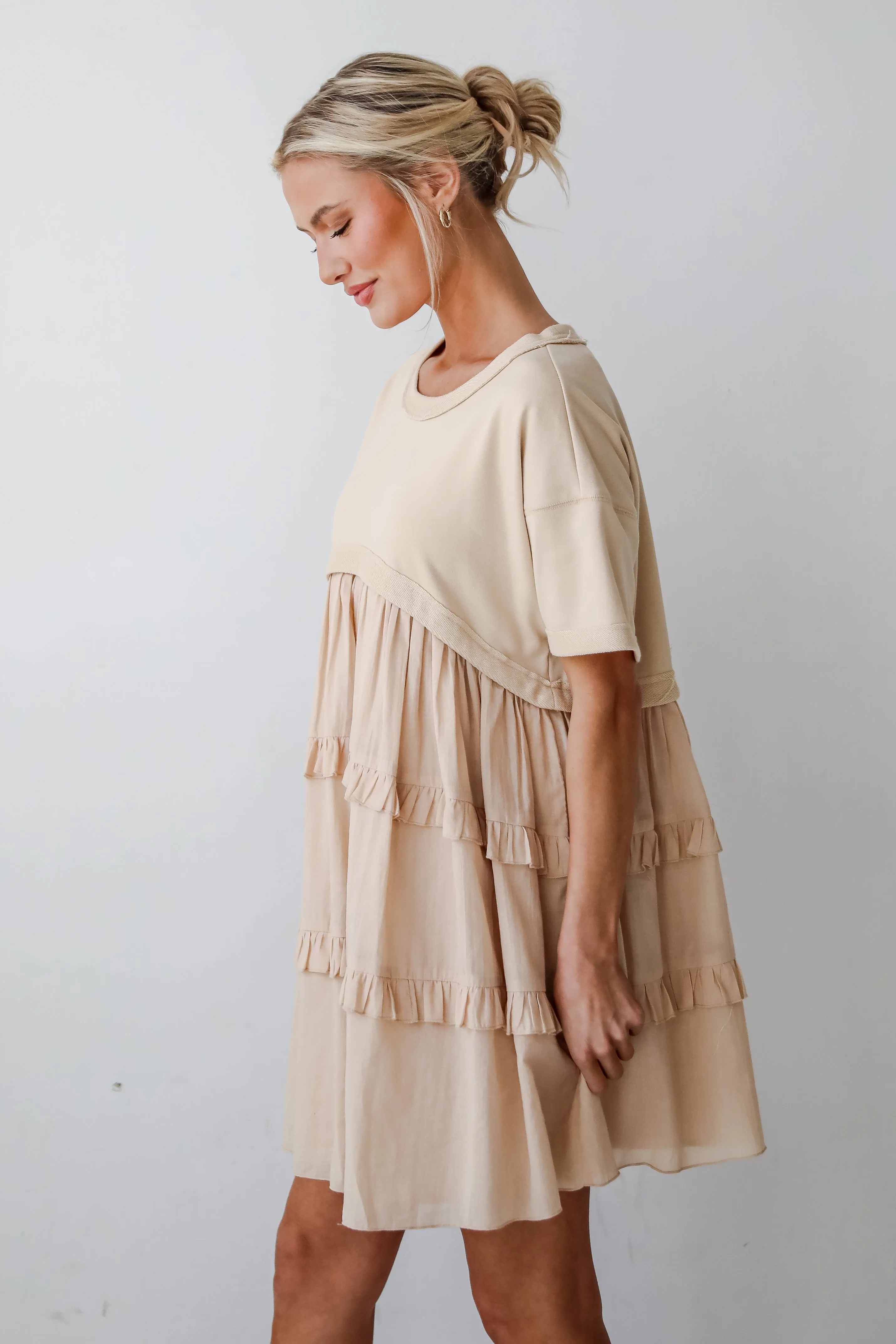 FINAL SALE - Make A Day Of It Taupe Contrast Ruffle Mini Dress