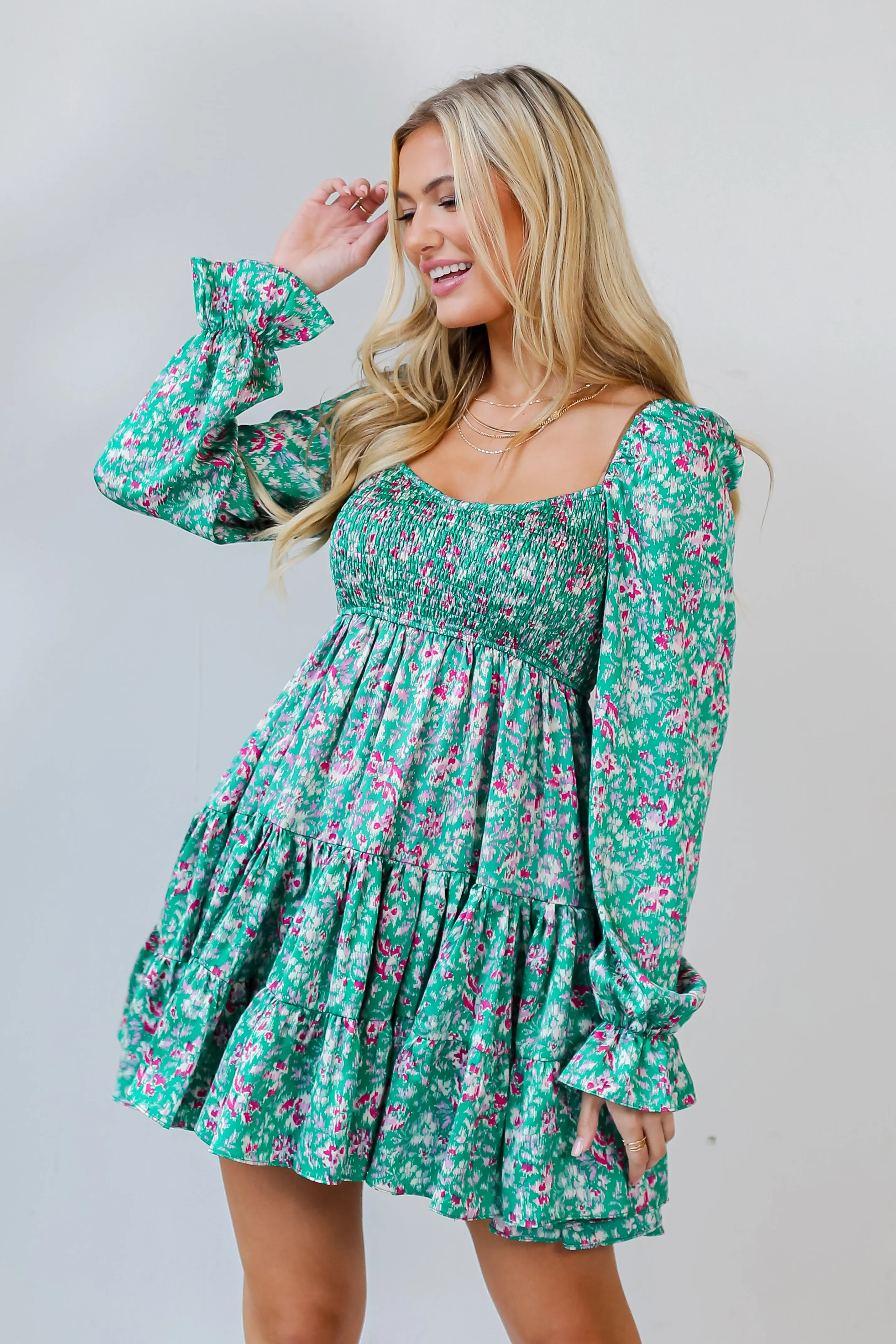FINAL SALE - Regal Essence Tiered Green Mini Dress