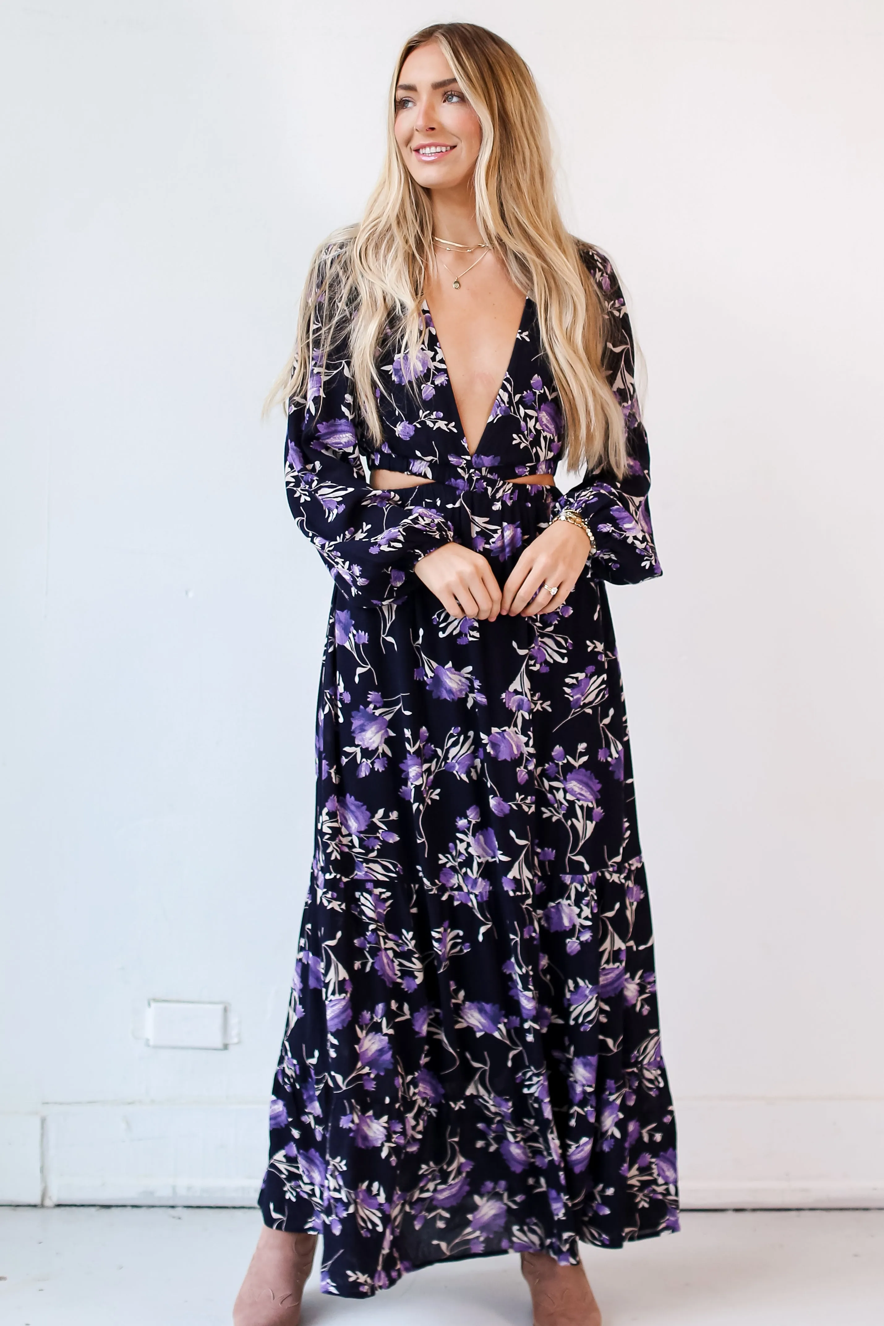 FINAL SALE - Sincerely Charming Navy Floral Cutout Maxi Dress