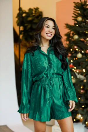 FINAL SALE - Undoubtedly Luxe Hunter Green Plisse Romper