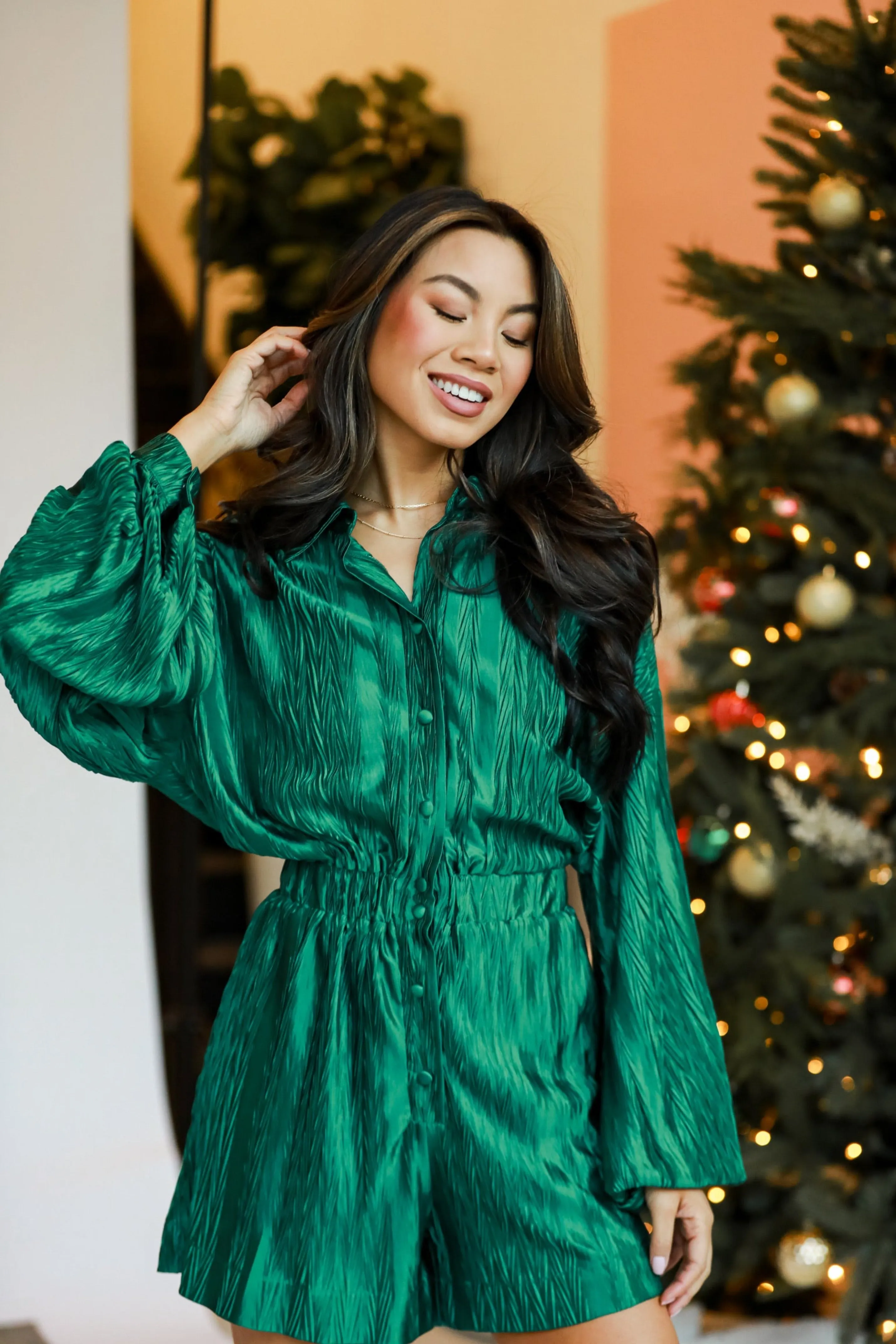 FINAL SALE - Undoubtedly Luxe Hunter Green Plisse Romper