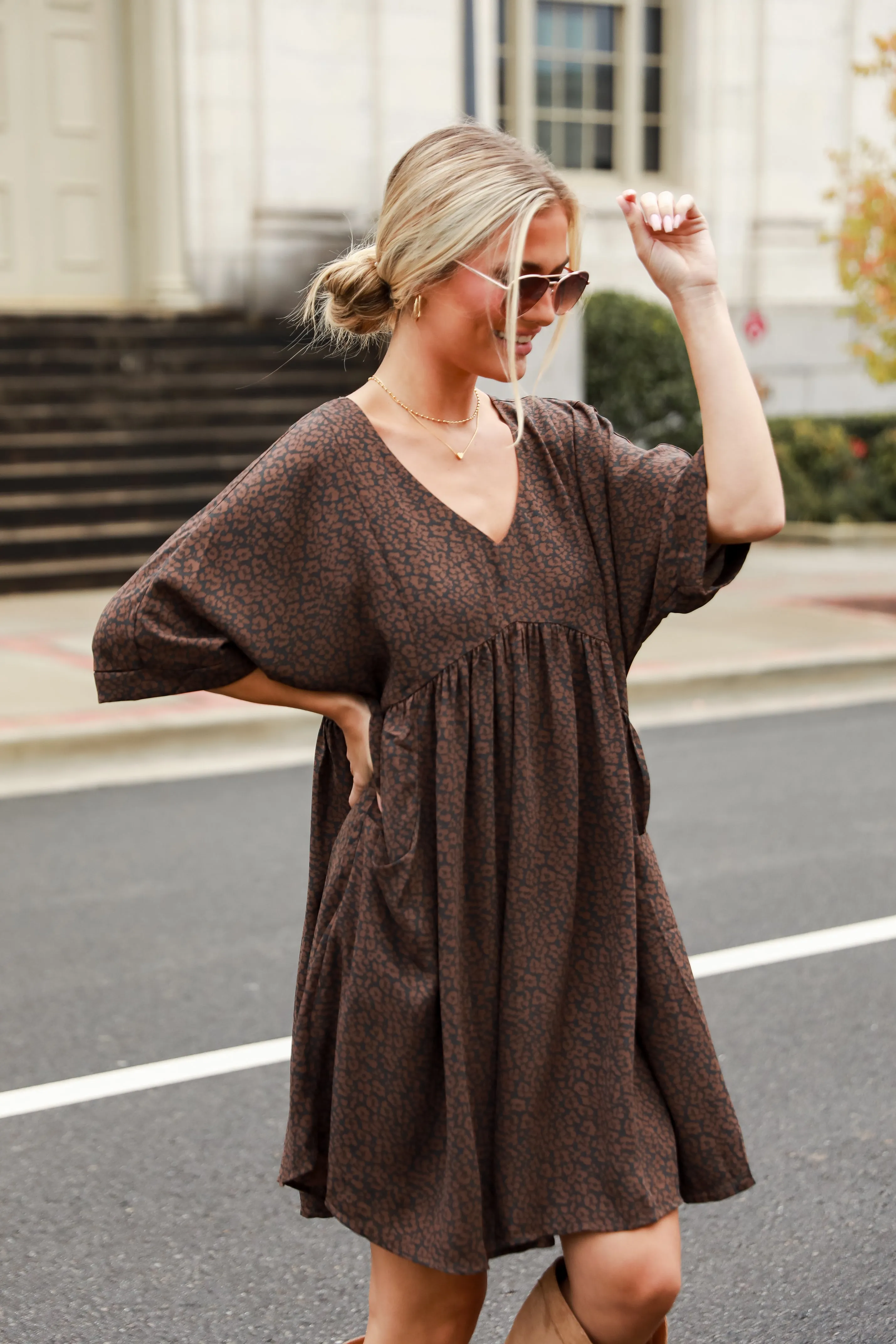 FINAL SALE - Upscale Stunner Mocha Babydoll Mini Dress
