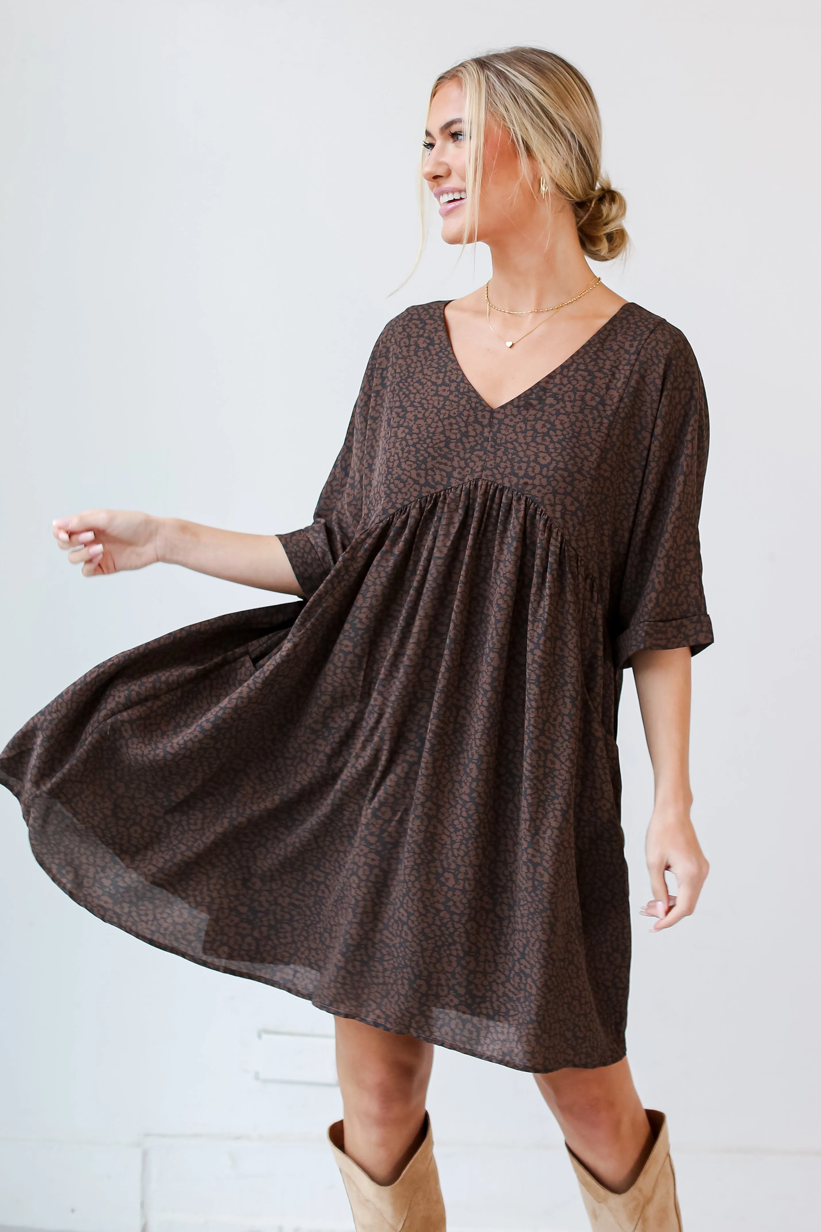 FINAL SALE - Upscale Stunner Mocha Babydoll Mini Dress