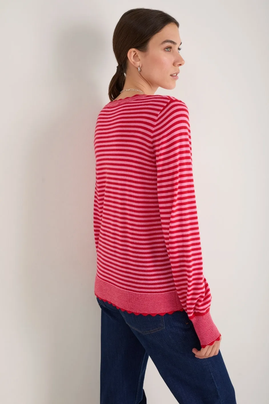 Fleurine Scallop Jumper - Pink/Red Micro Stripe