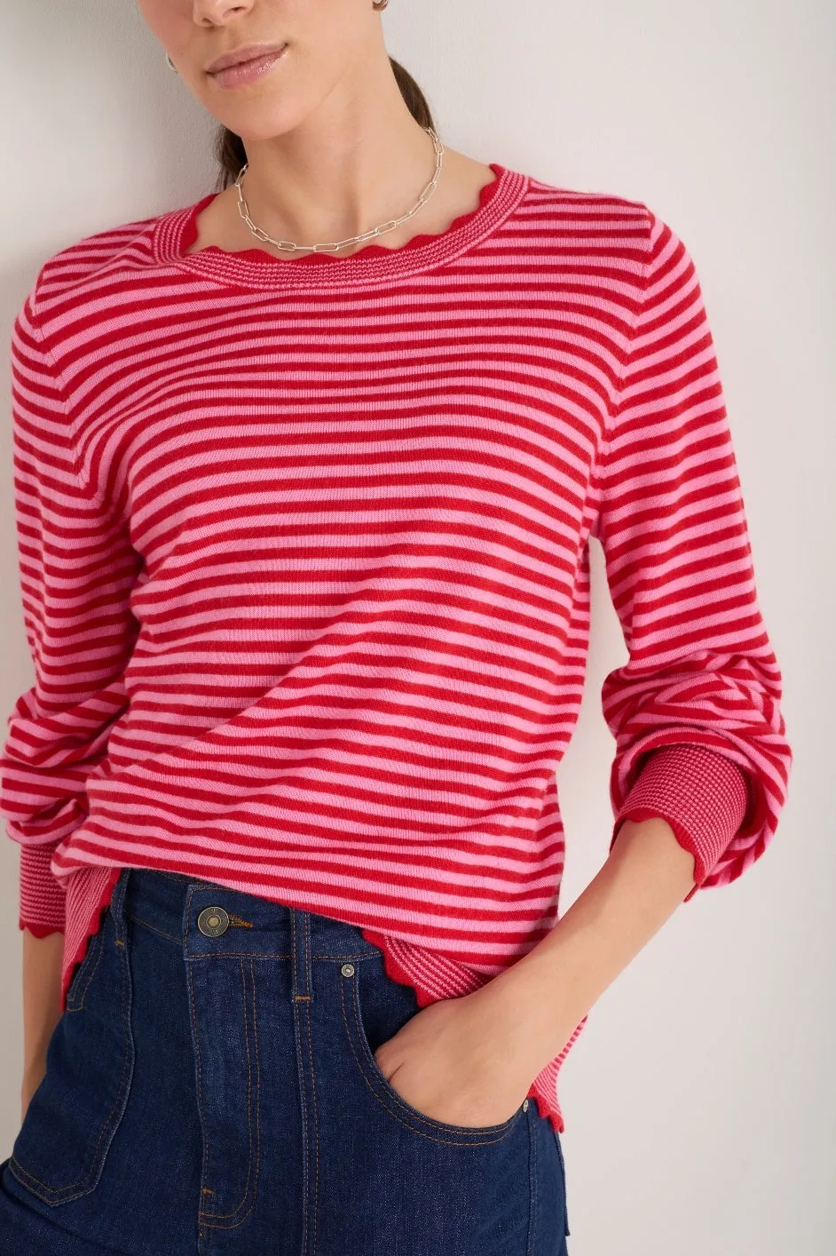Fleurine Scallop Jumper - Pink/Red Micro Stripe