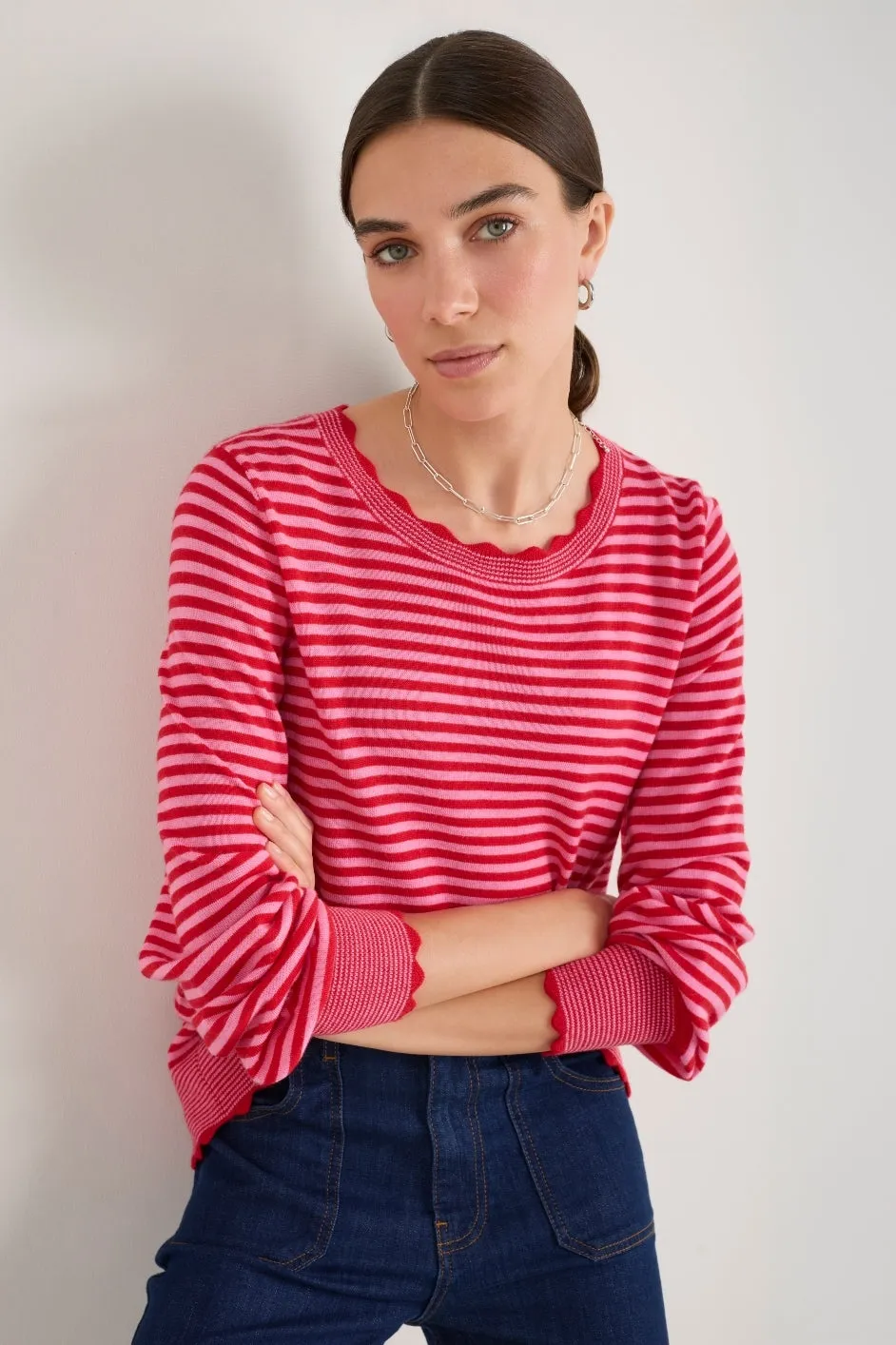 Fleurine Scallop Jumper - Pink/Red Micro Stripe