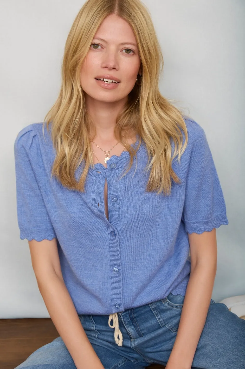 Fleurine Short Sleeve Cardigan - French Blue