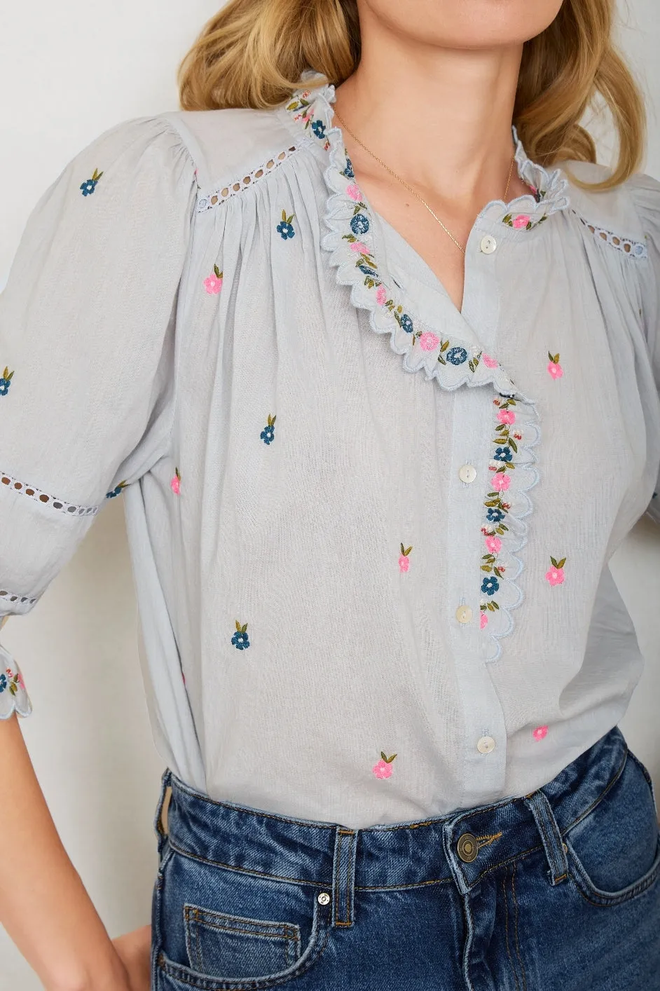 Francine Blouse - Blue Embroidered Floral