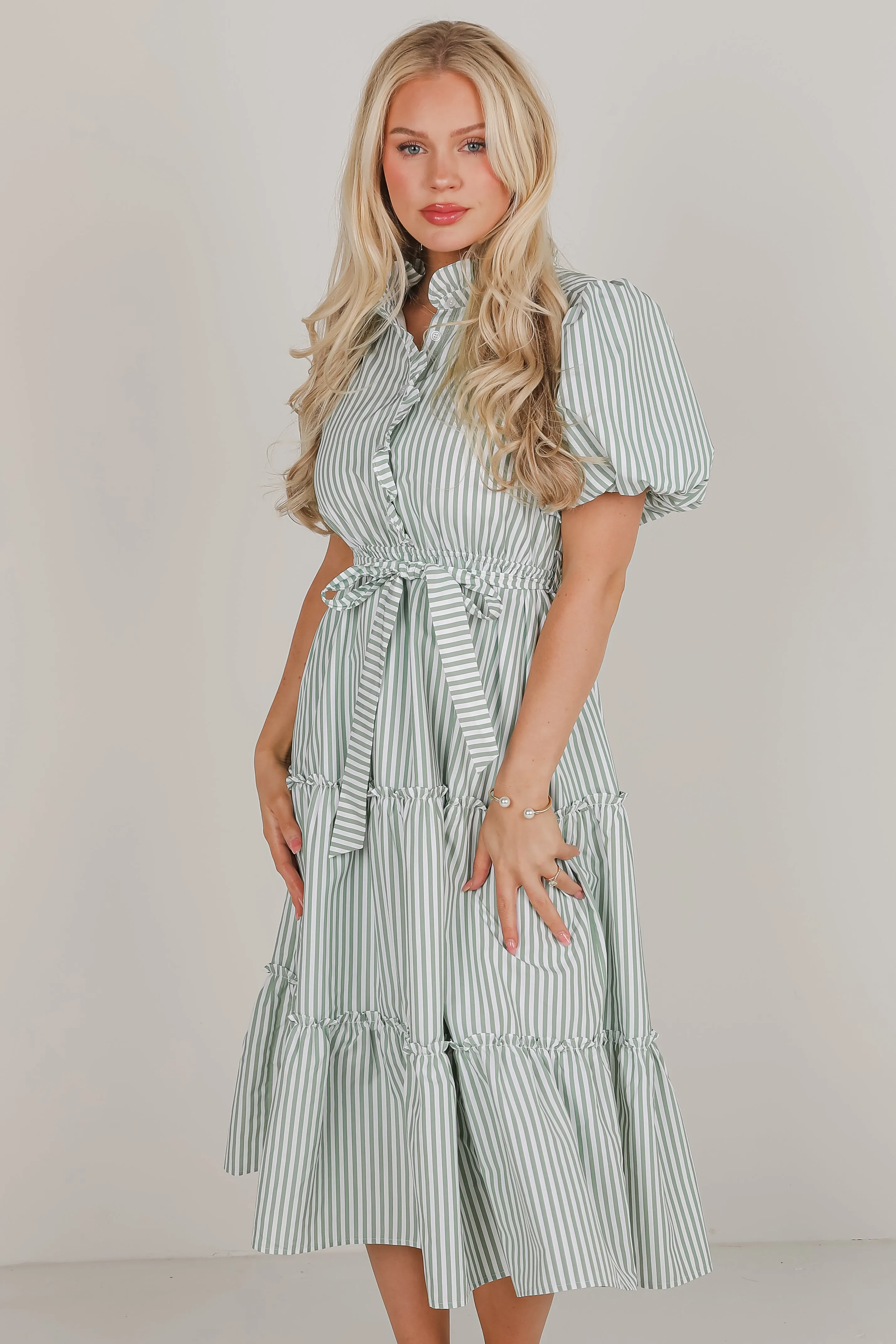 Gorgeous Purpose Green Striped Tiered Midi Dress