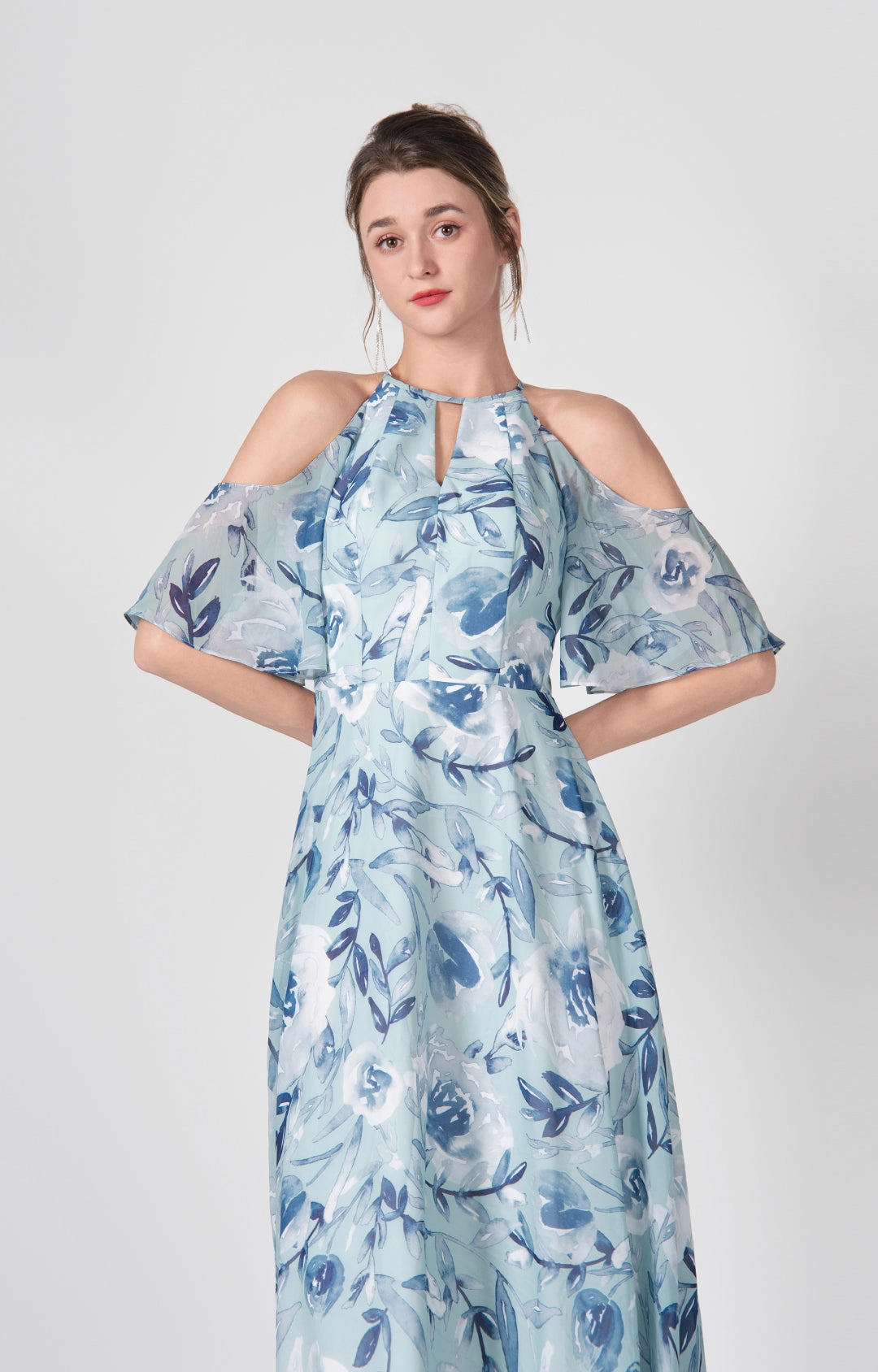 Halter Drop Shoulder A-Line Flowy Hemline Chiffon Dresses