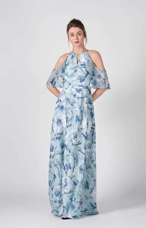 Halter Drop Shoulder A-Line Flowy Hemline Chiffon Dresses