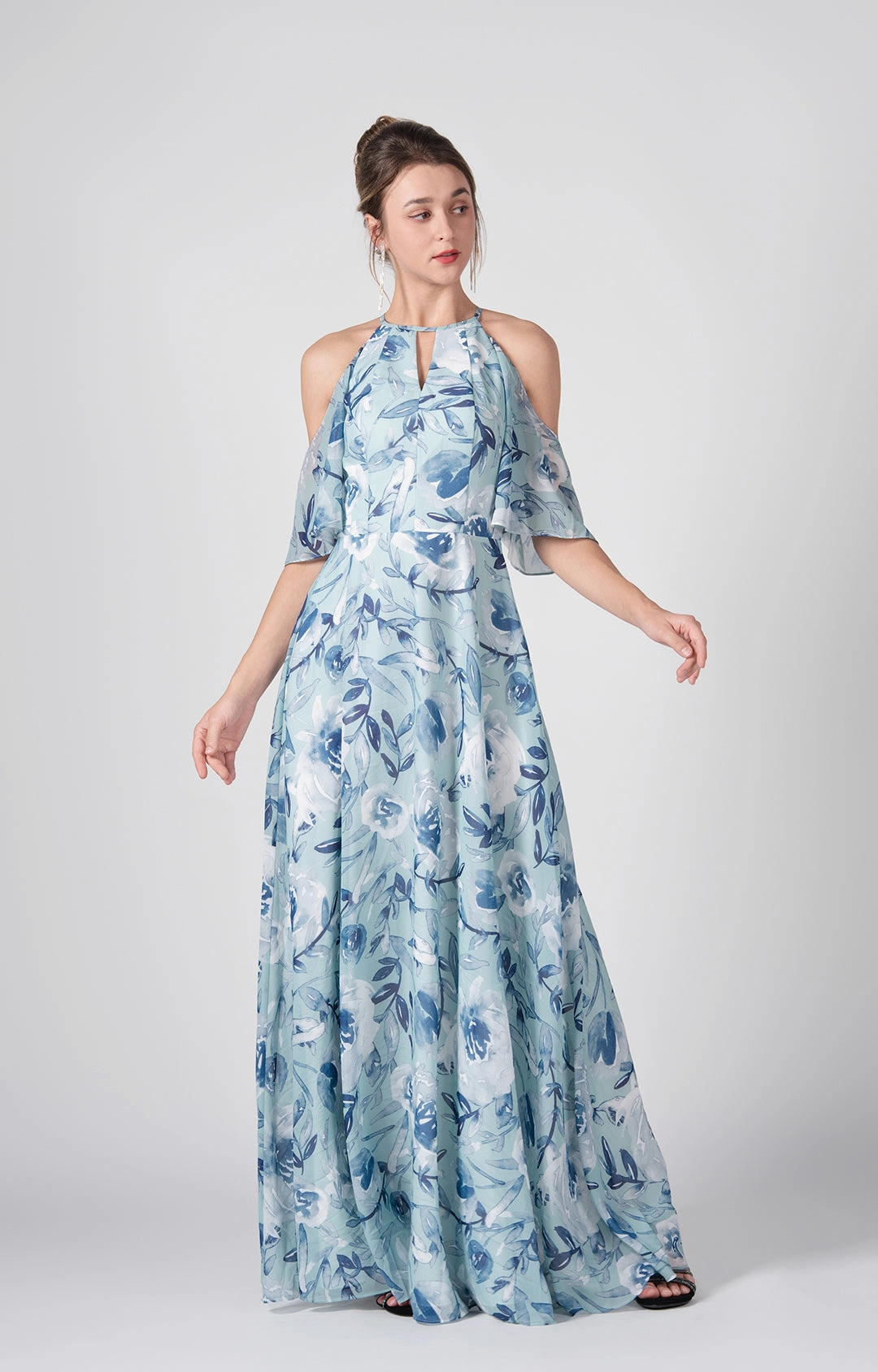 Halter Drop Shoulder A-Line Flowy Hemline Chiffon Dresses