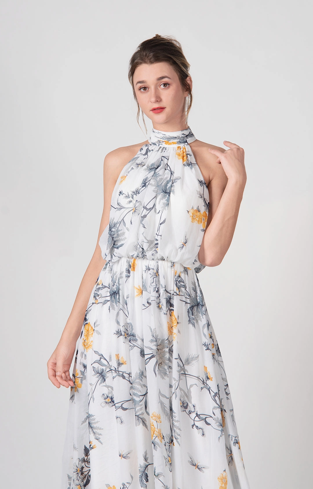 High Halter A-Line Pleated Flowy Hemline Maxi Dress