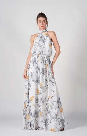 High Halter A-Line Pleated Flowy Hemline Maxi Dress