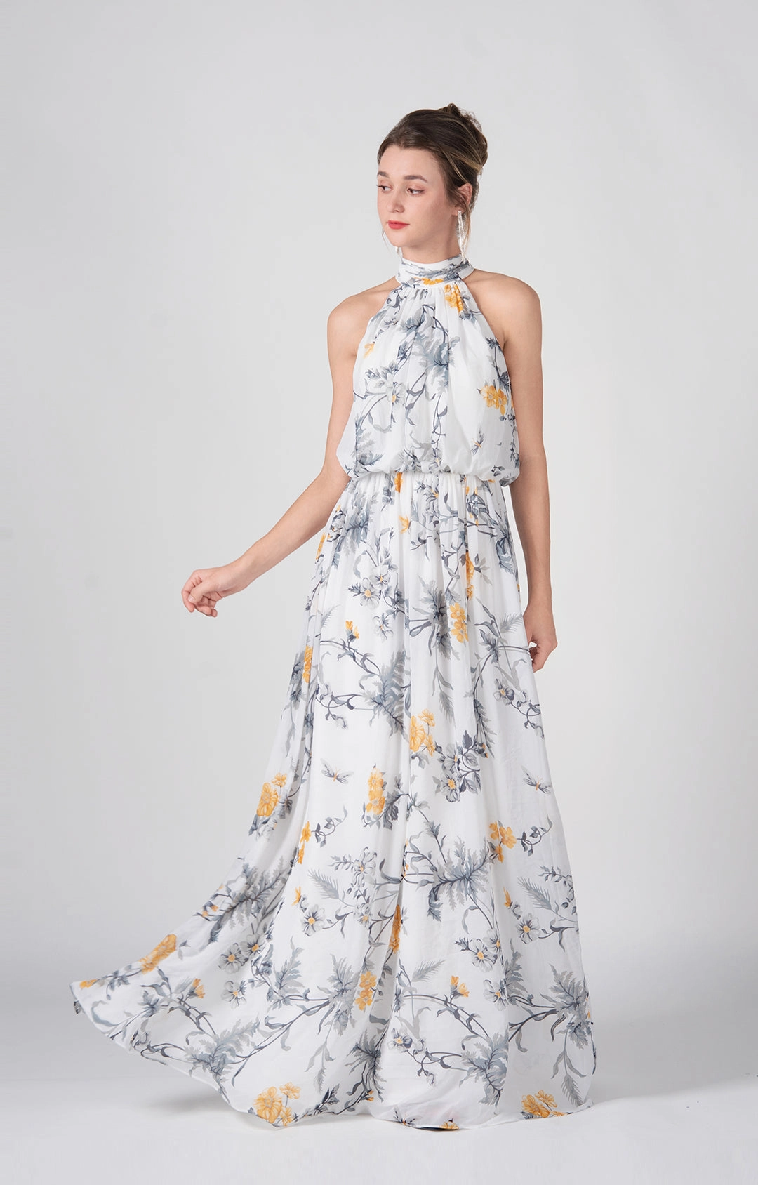 High Halter A-Line Pleated Flowy Hemline Maxi Dress