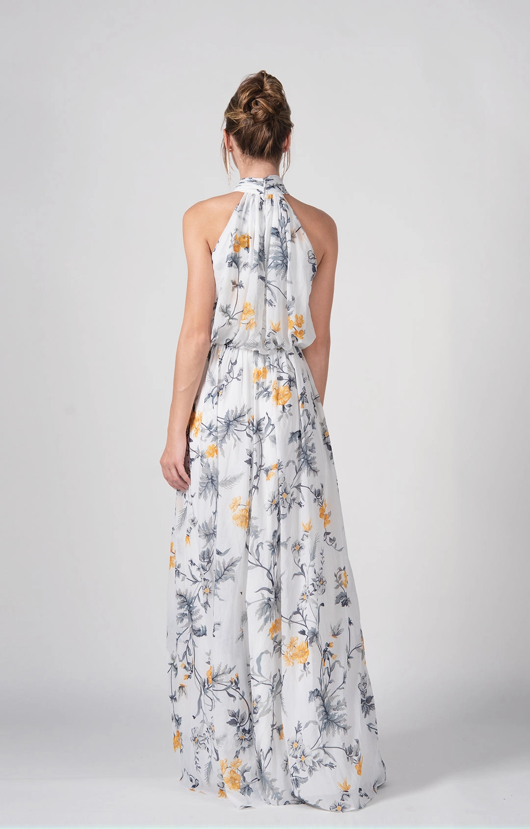 High Halter A-Line Pleated Flowy Hemline Maxi Dress