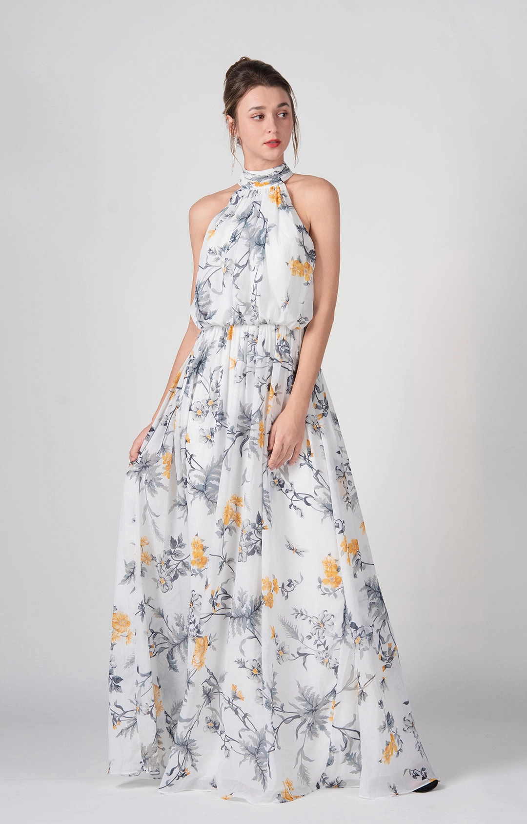 High Halter A-Line Pleated Flowy Hemline Maxi Dress