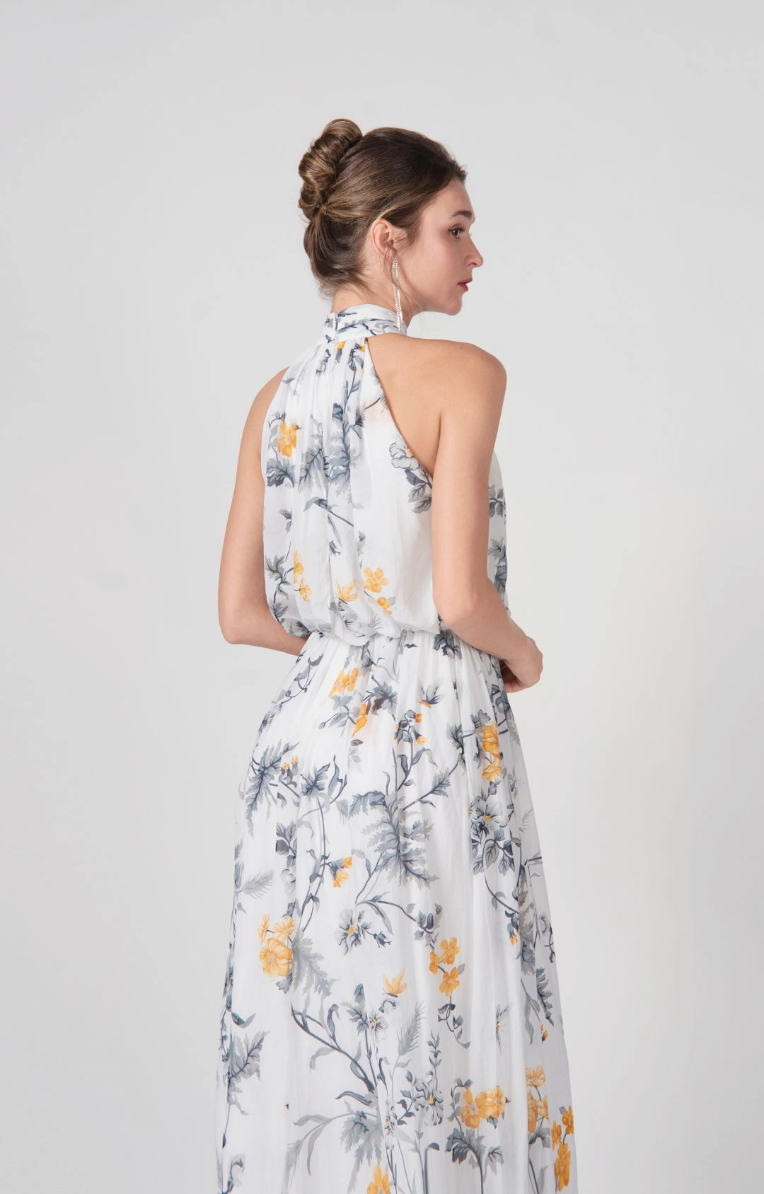 High Halter A-Line Pleated Flowy Hemline Maxi Dress