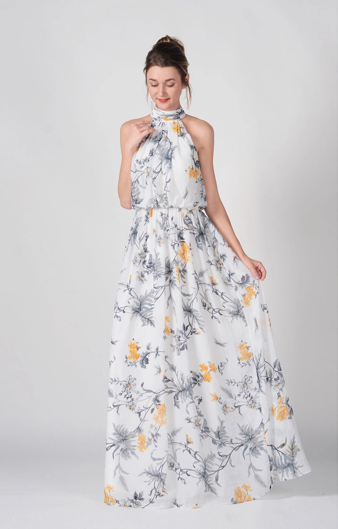 High Halter A-Line Pleated Flowy Hemline Maxi Dress