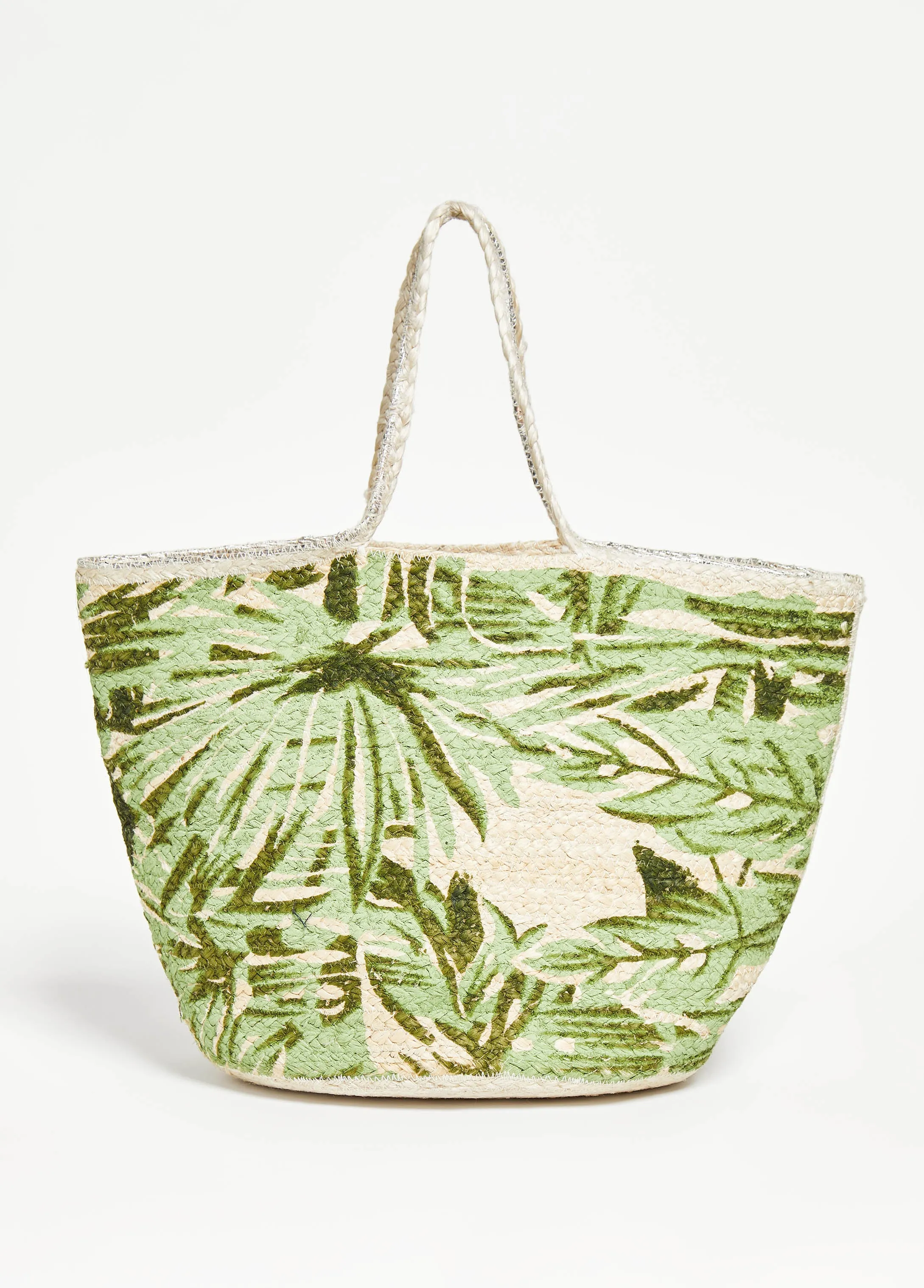 Leaf Print Straw Tote