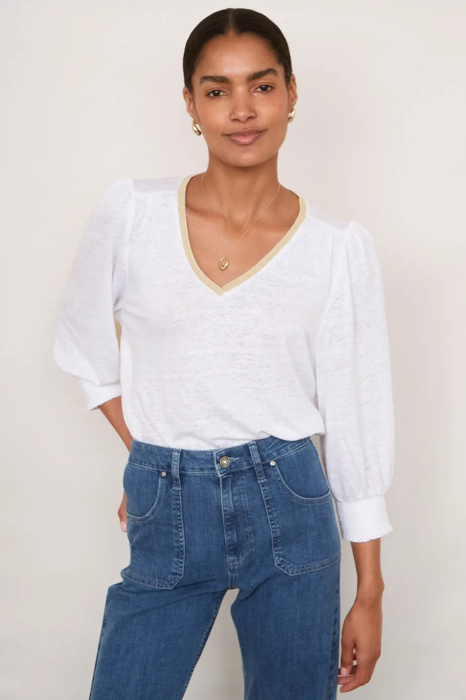 Lily Linen 3/4 Sleeve Top - White